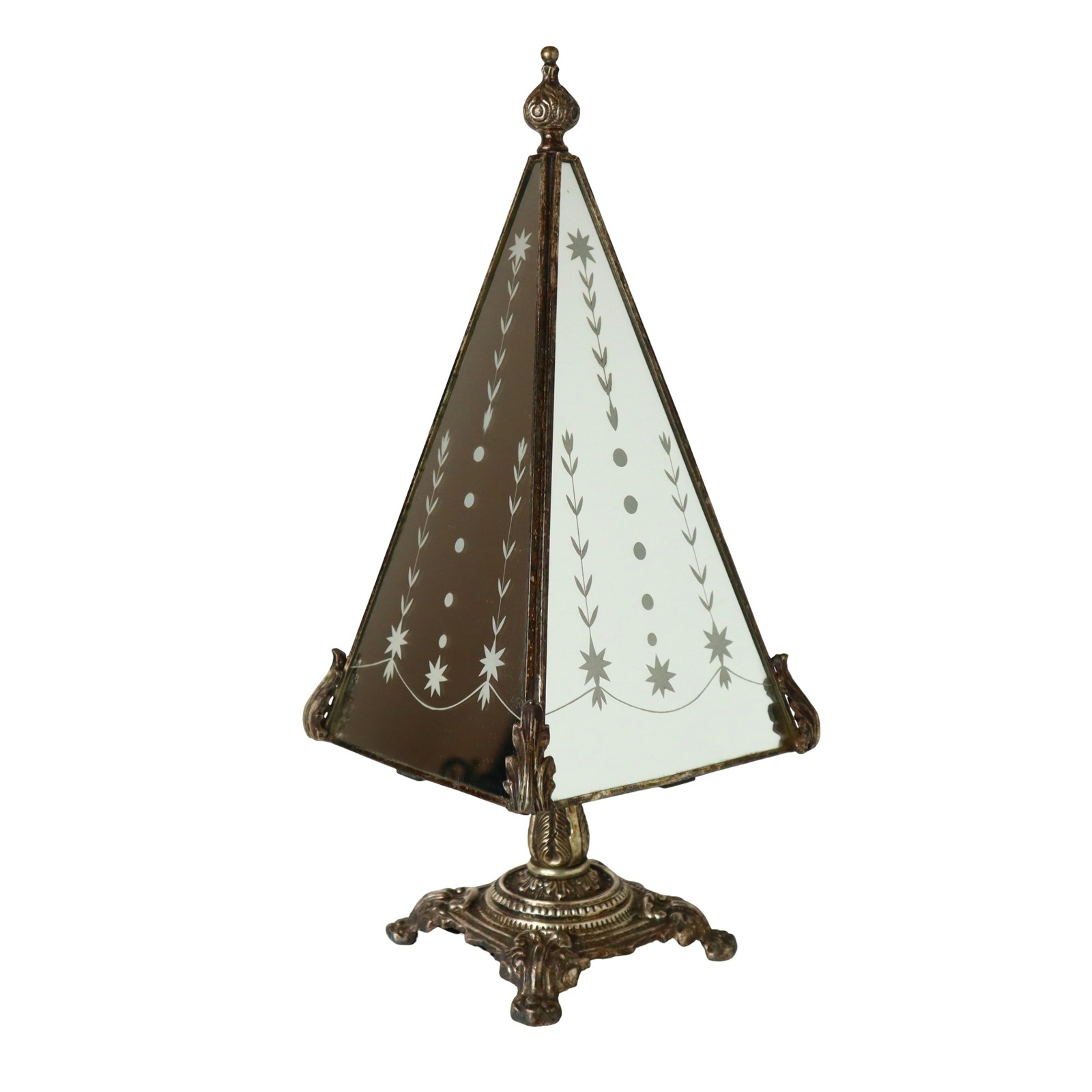 Vintage Saint Gobain Pyramid Mirror Candle Holder Etched Glass Ornate Silver 17\ Vintage Saint Gobain Pyramid Mirror Candle Holder Etched Glass Ornate Silver 17\
