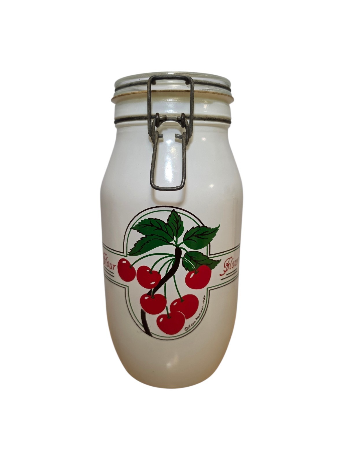 VTG 1984 Carlton Glass Ermetico Lisa Hemmer Cherries 2L Glass Flour Canister Jar