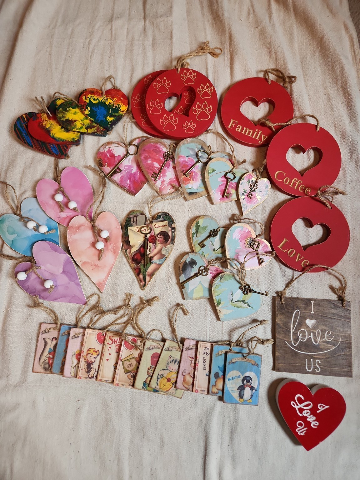 Vintage-Style Valentine Mini Ornament Lot | 37-Piece Set | Handmade Wood Decor |