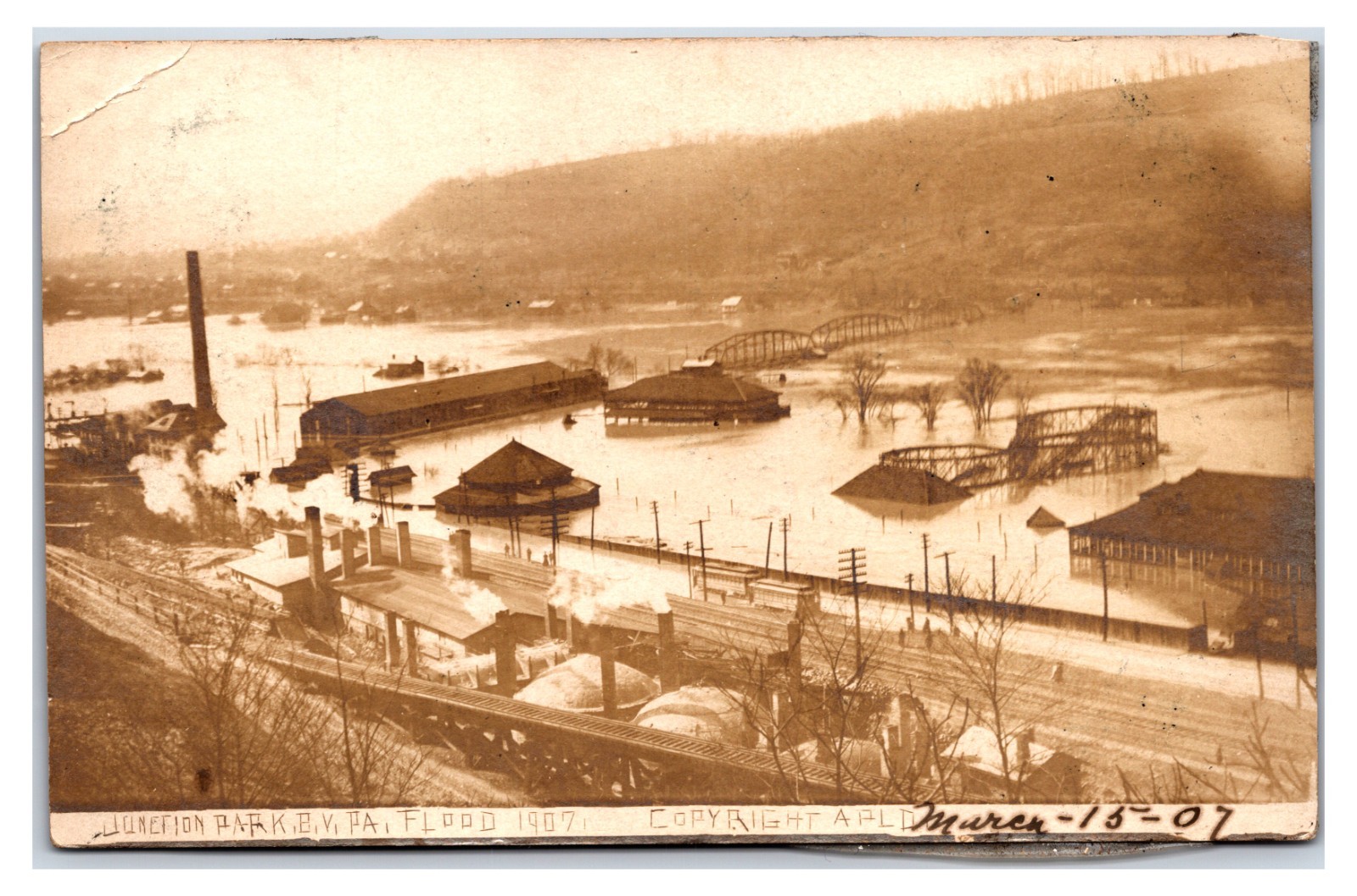 1907 Junction Park Roller Coaster Flooded New Brighton, PA Postcard RPPC