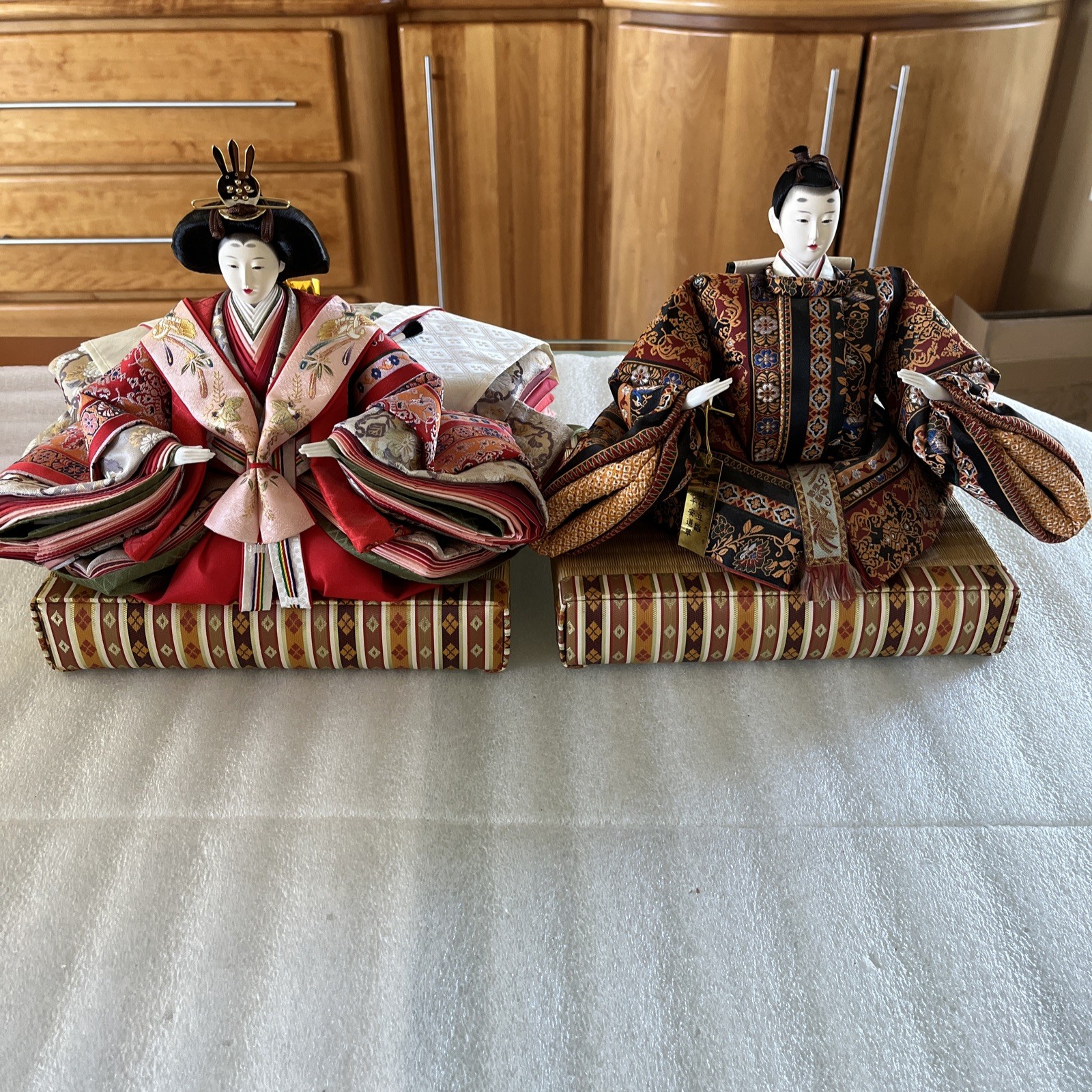Vintage Japanese Hina Ningyo Doll Set Of 2 Emperor Empress Japan Platform Base