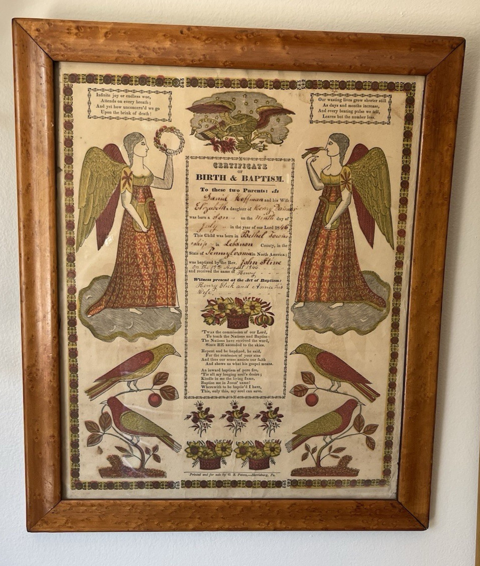 Antique Penn Dutch Fraktur 1846 Birth/Baptism Certificate by G Peters 1793-1847