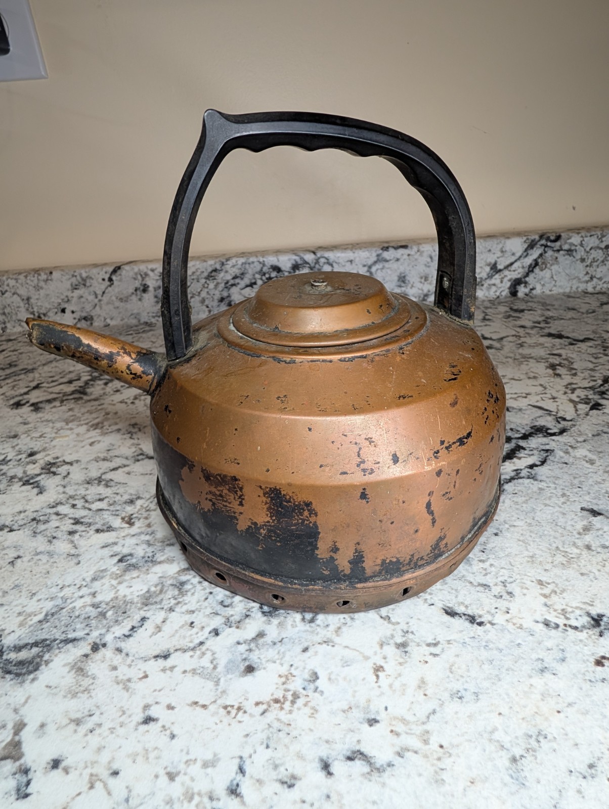 Vintage Copper Tea Kettle Black Handle Rustic Patina Farmhouse Decor