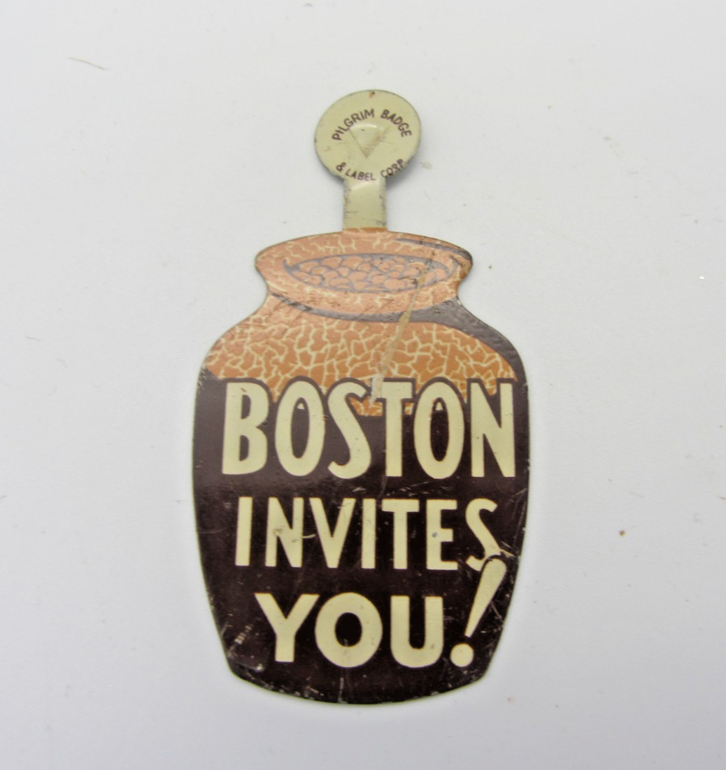 Vintage Boston Invites You Bean Pot Tin Litho Tab Pin Pilgrim Badge Beantown