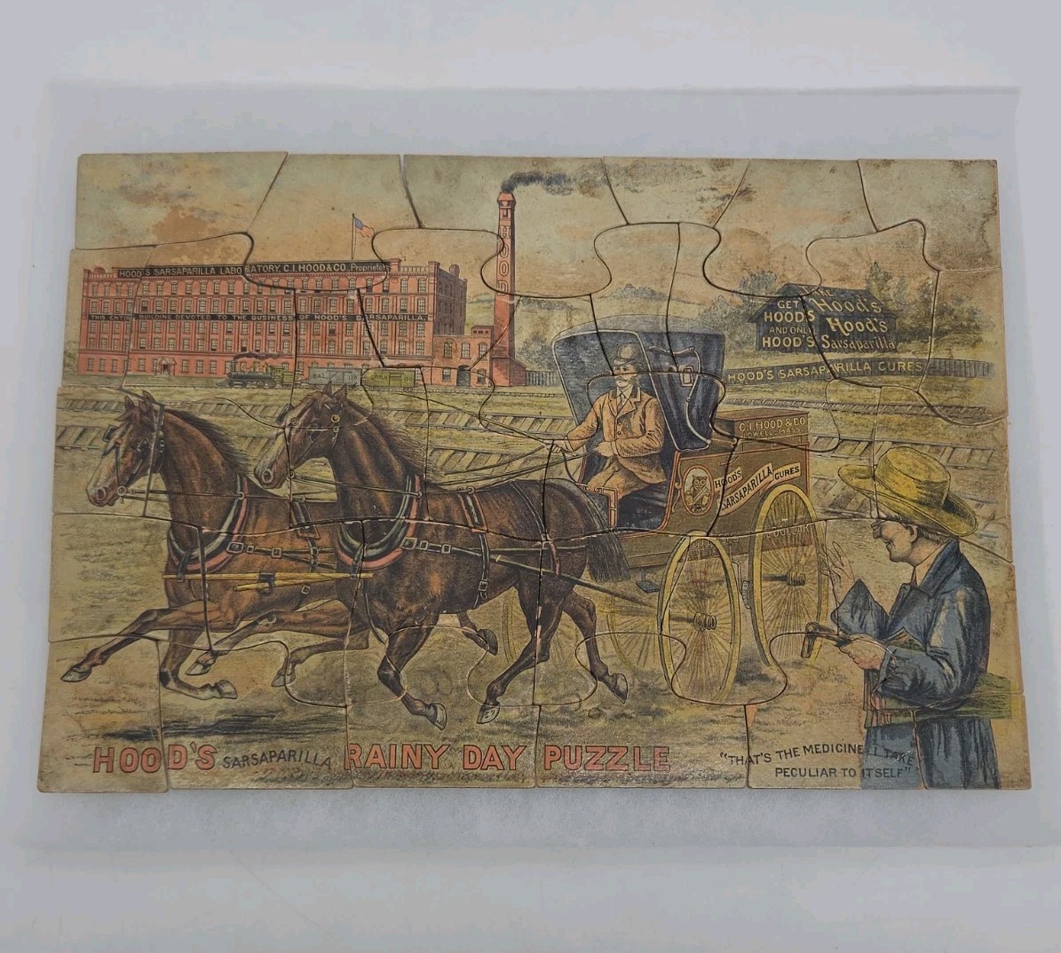 Antique 1891 Hood's Sarsaparilla Double Sided Rainy Day & Balloon Jigsaw Puzzle