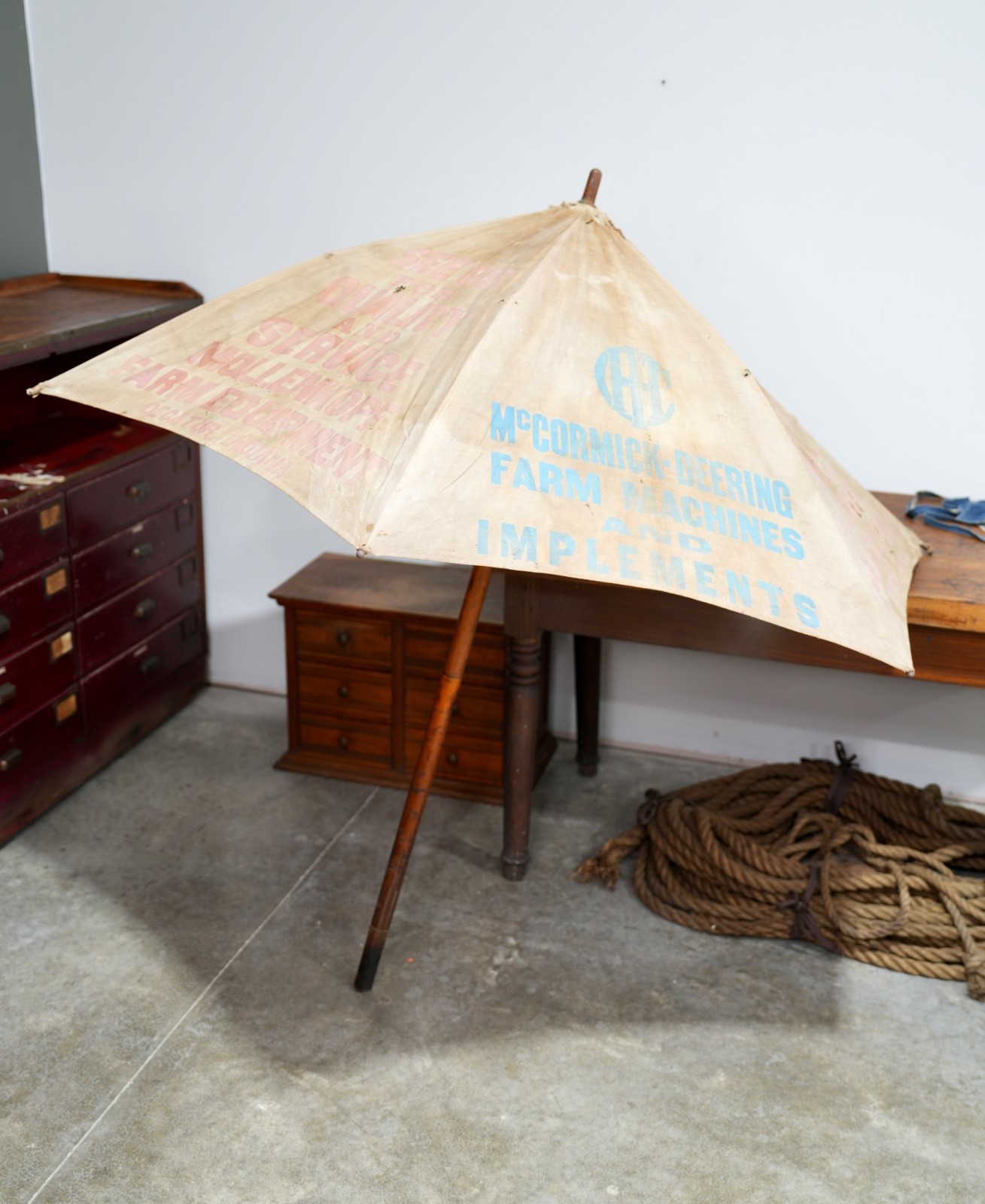 Vintage McCormick Deering Canvas Umbrella Farm Advertising Antique wood Pole