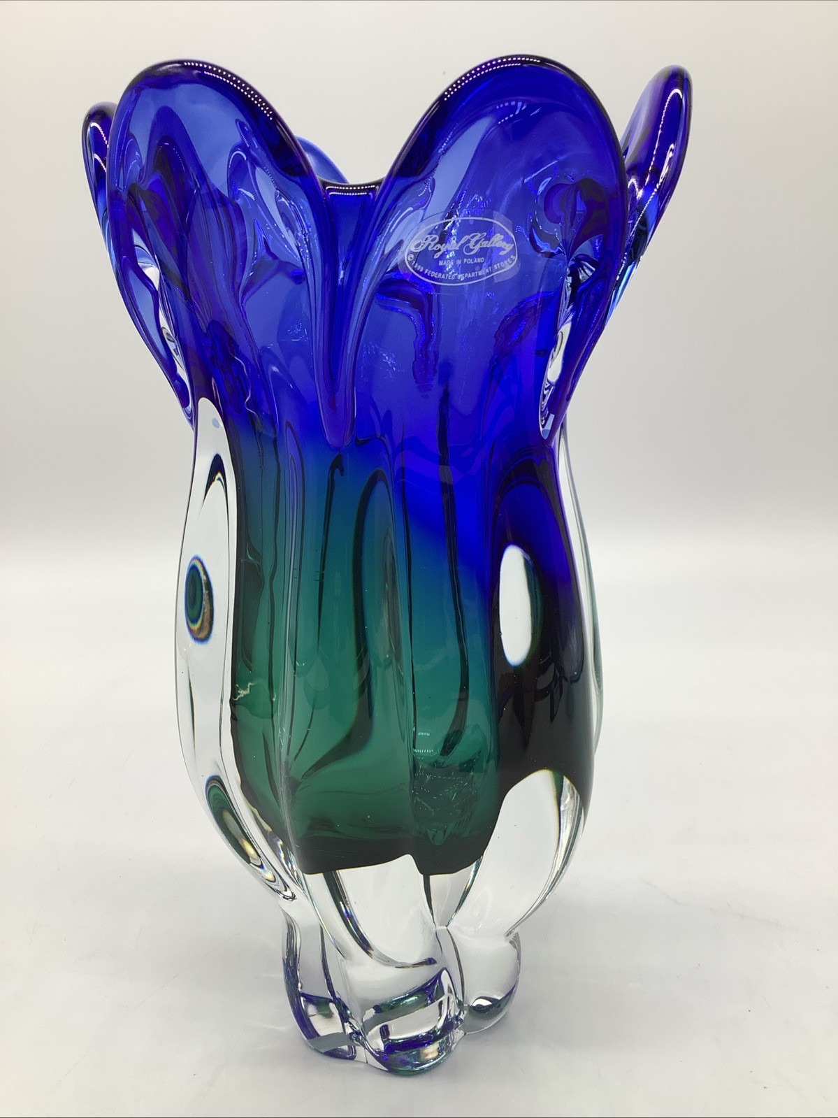 Royal Gallery Poland Blue and Green Tulip Shape Crystal Glass Vase 9.5\