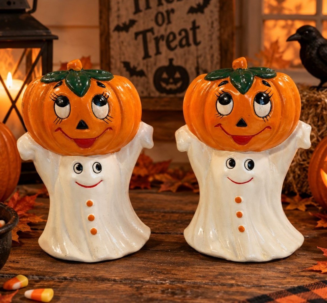 Vintage Lefton  Halloween Pumpkin and Ghost Tealight Candle Holder Set of 2
