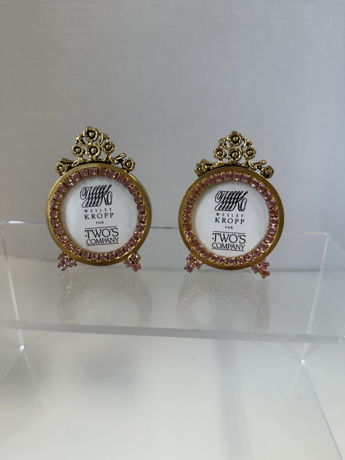 A Pair Of Vintage Two's Co Jeweled Rhinestone Round Picture Photo Frames WJ4