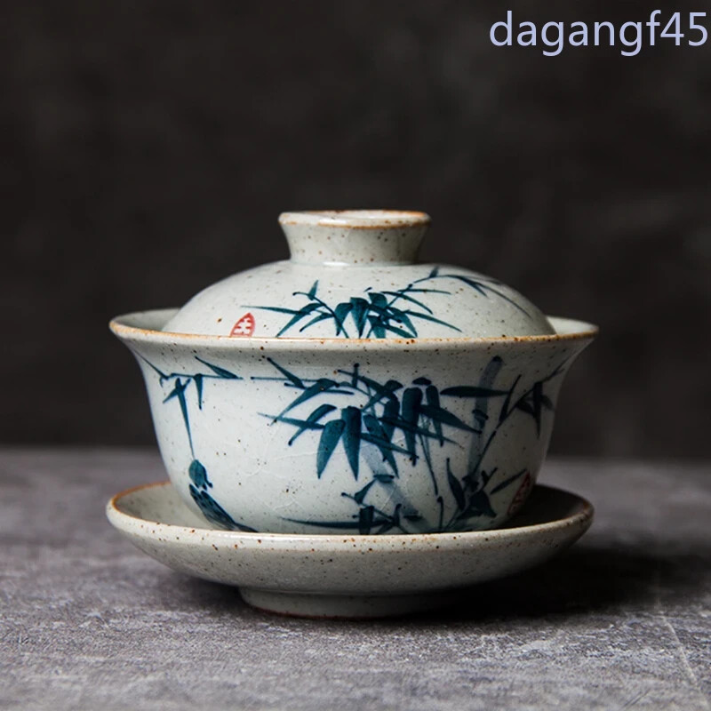 Hand Painted Bamboo Gaiwan Tea Pottery Tureen with Lid Vintage Kung Fu Tea Set Hand Painted Bamboo Gaiwan Tea Pottery Tureen with Lid Vintage Kung Fu Tea Set