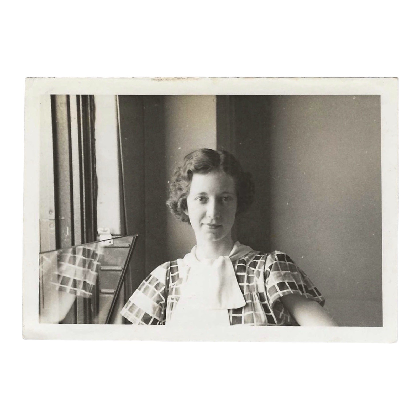 Vintage Snapshot Photo 1930s Woman in Window Light Checked Dress Soft Gaze