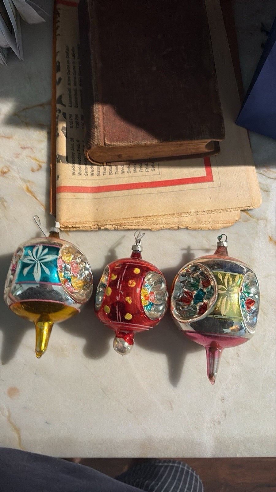 RARE Lot of 3 Large Vintage Triple Indent Balloon  Glass Christmas Ornaments