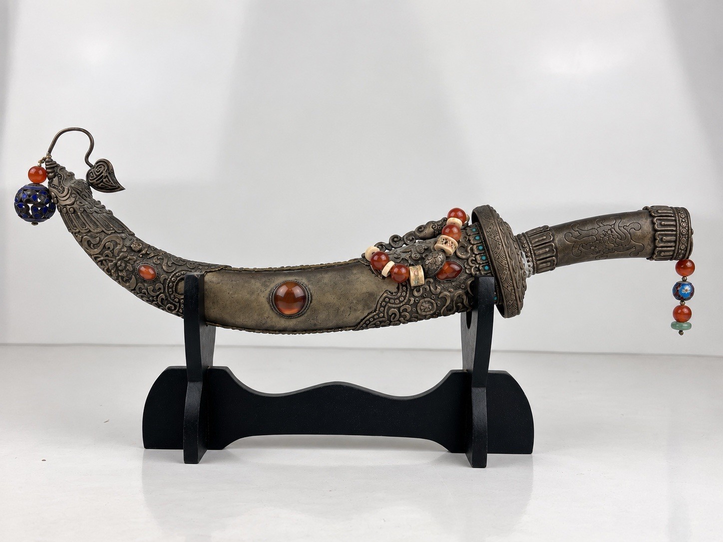 Vtg Asian Chinese Tibetan Mongolian Temple Sword Dagger Ornate Stones W/ Stand