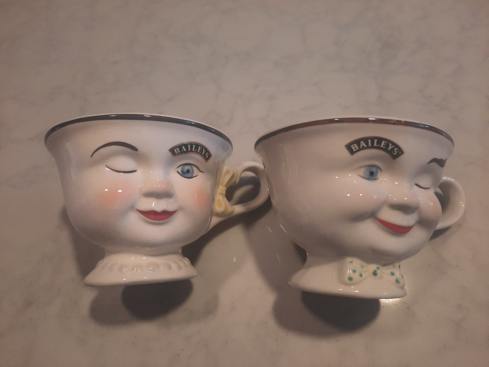Vintage Bailey\'s Irish Cream Set of HIS & HERS YUM Mugs Winking Face W/Error