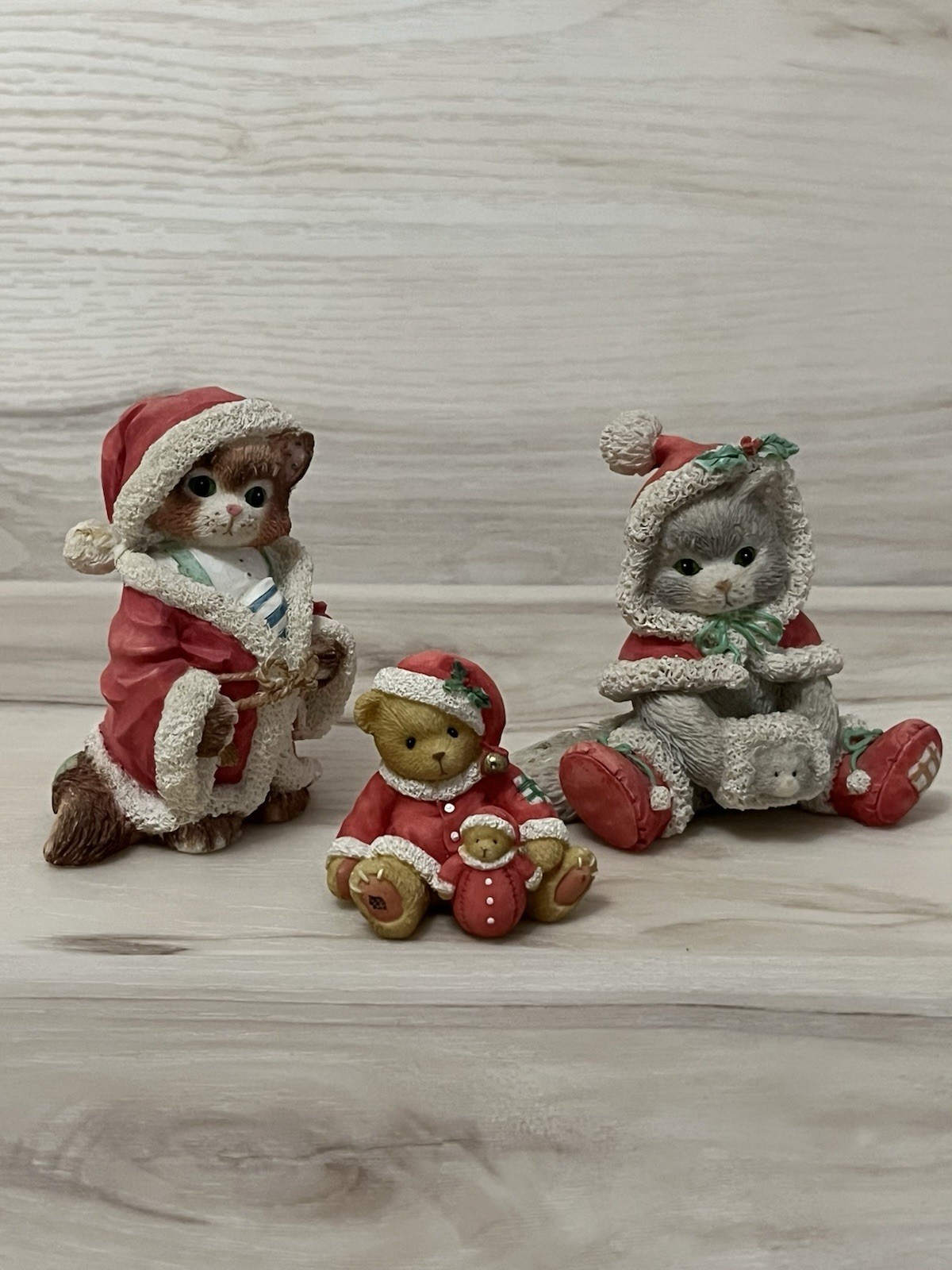 3 VTG 1990s Enesco Calico Kittens & Bear Christmas Figurines Priscilla Hillman 3 VTG 1990s Enesco Calico Kittens & Bear Christmas Figurines Priscilla Hillman