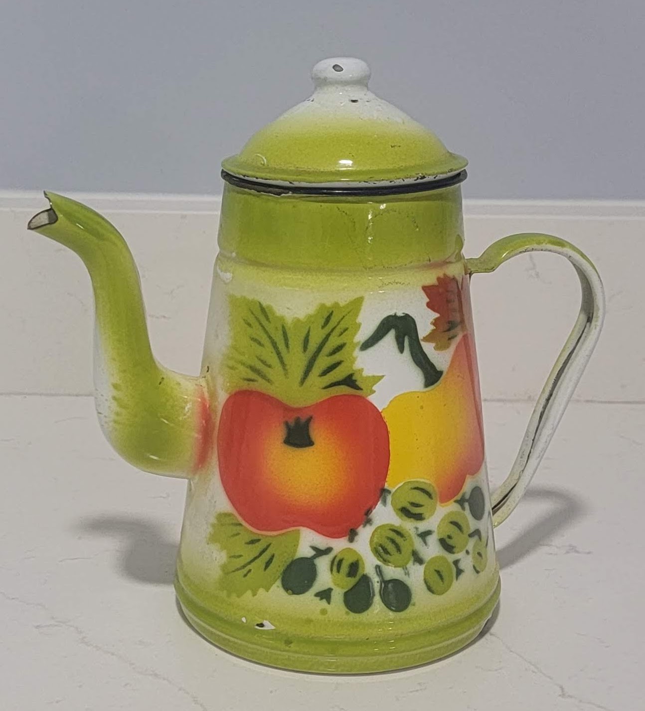 Vintage Fruit Enamelware Coffee Pot Green Apple Retro MCM Kitchen Decor 8\