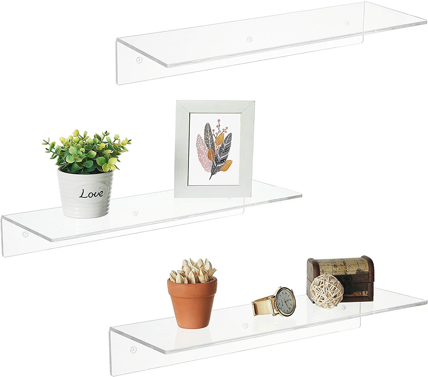 17 Inch Clear Acrylic Floating Shelves, Wall Mounted Display Racks, Set of 3