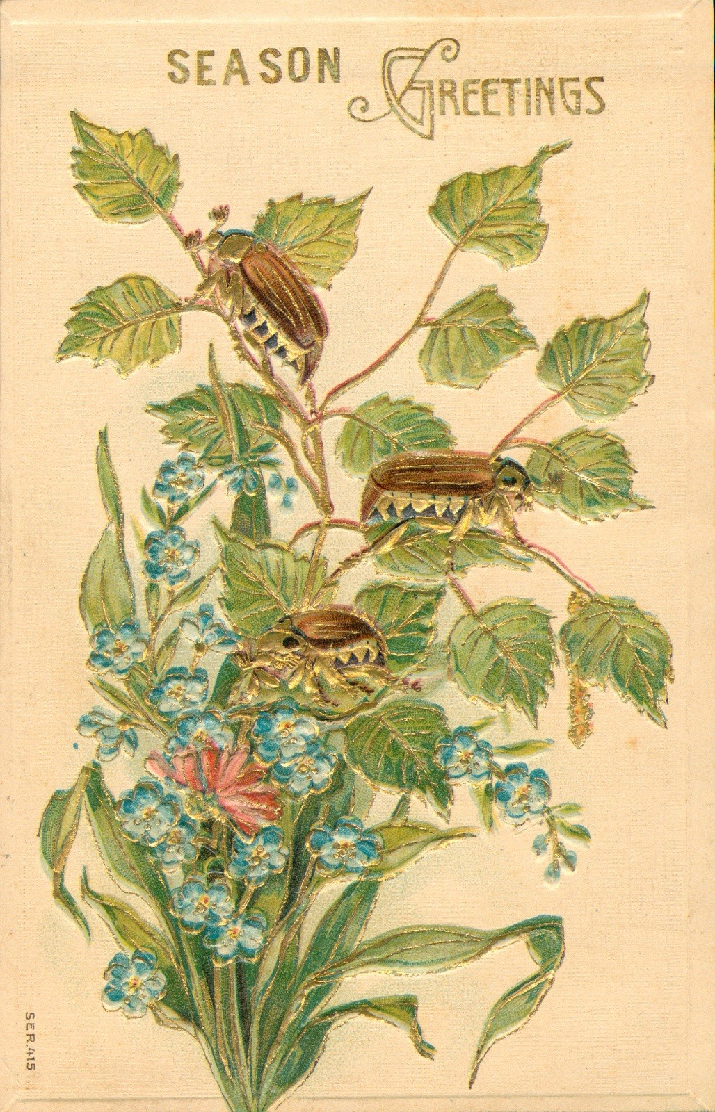 Golden Bugs Season Greetings Embossed Postcard Antique 1908 Bowers Station,PA N