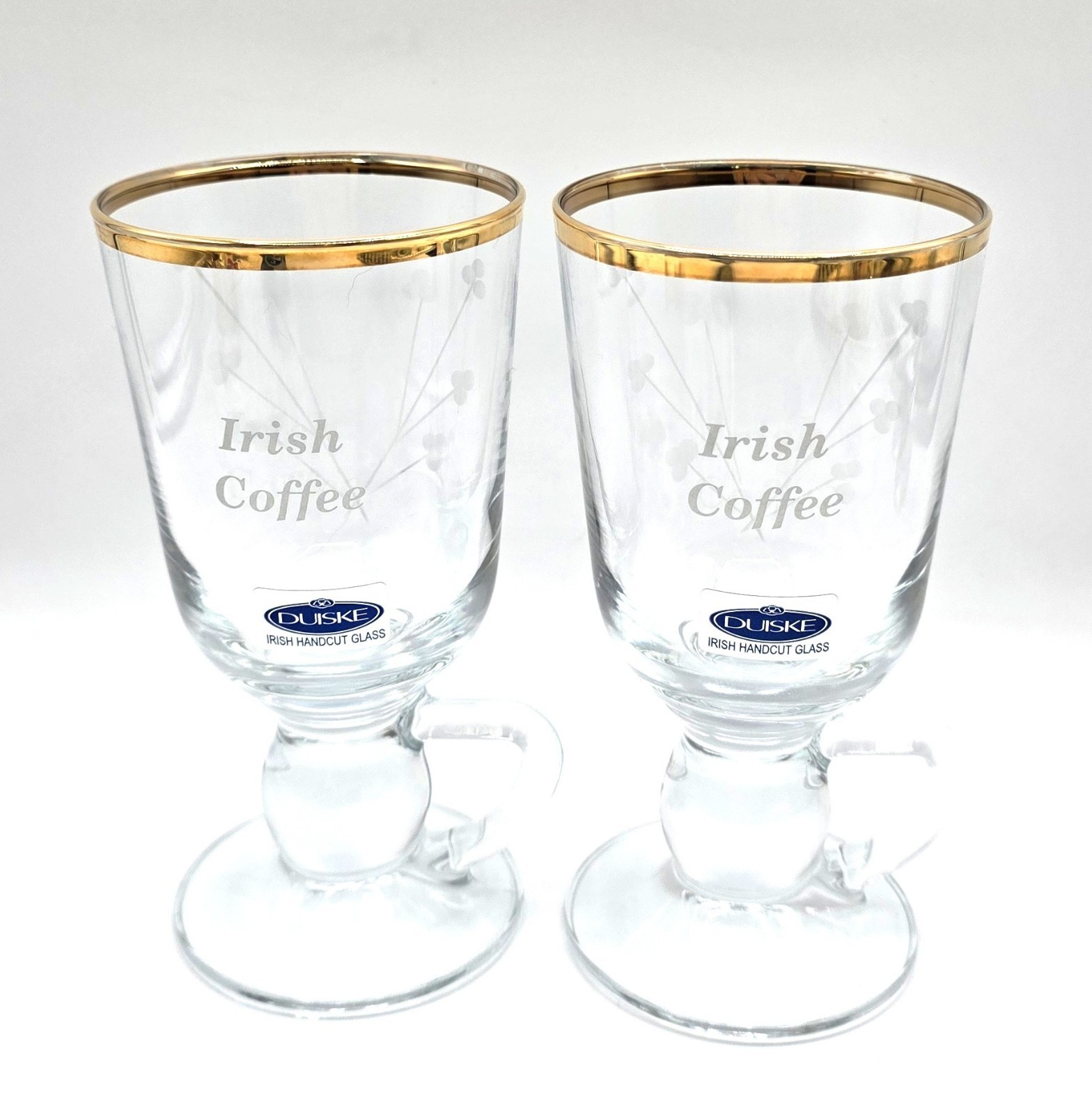 Vintage DUISKE Irish Coffee Cups Handcut Etched Gold Rim Footed Glass NOS Set 2 Vintage DUISKE Irish Coffee Cups Handcut Etched Gold Rim Footed Glass NOS Set 2
