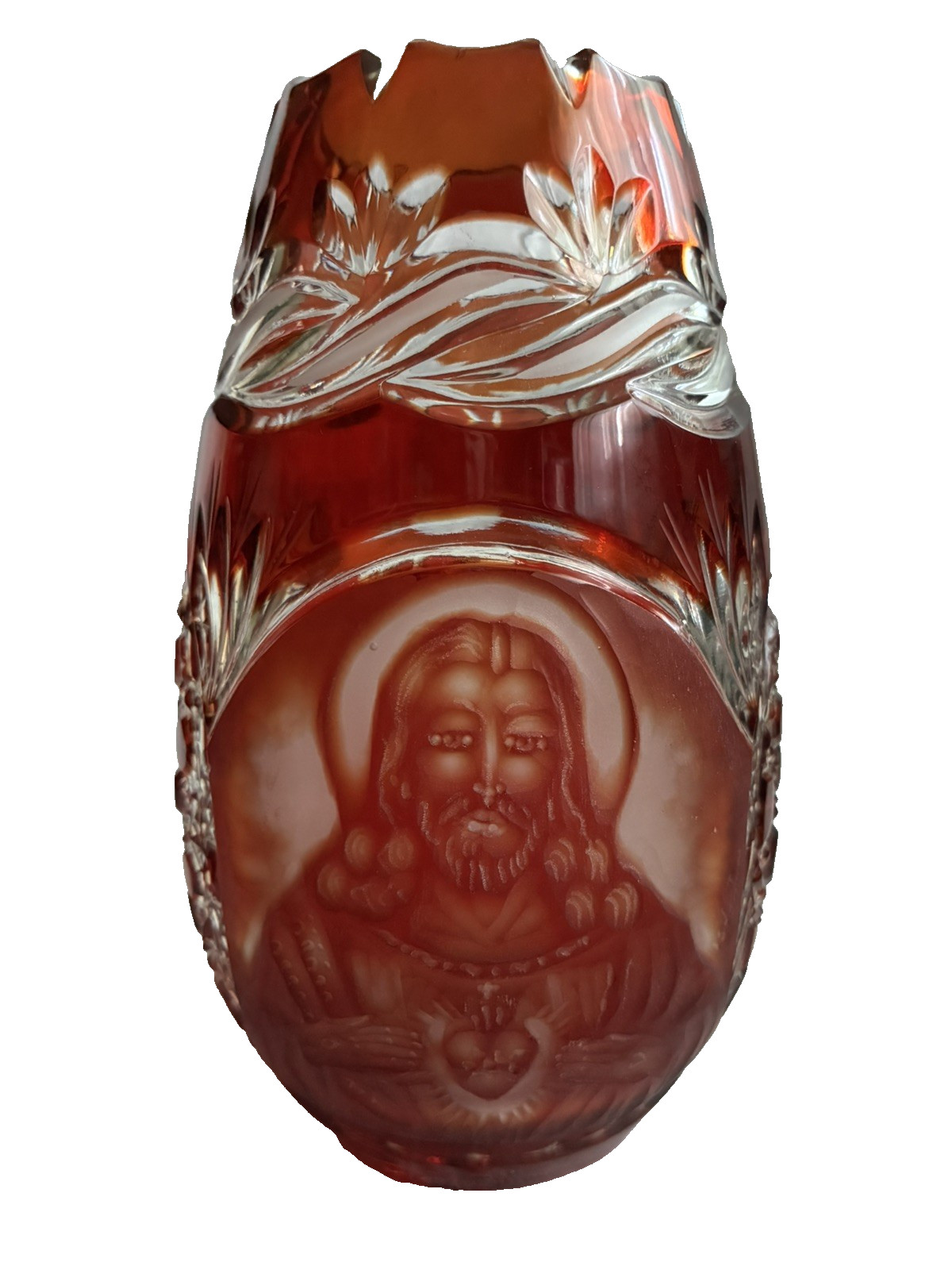 Vintage Bohemian Ruby Red Cut-to-Clear Crystal Vase Etched Portrait Vintage Bohemian Ruby Red Cut-to-Clear Crystal Vase Etched Portrait