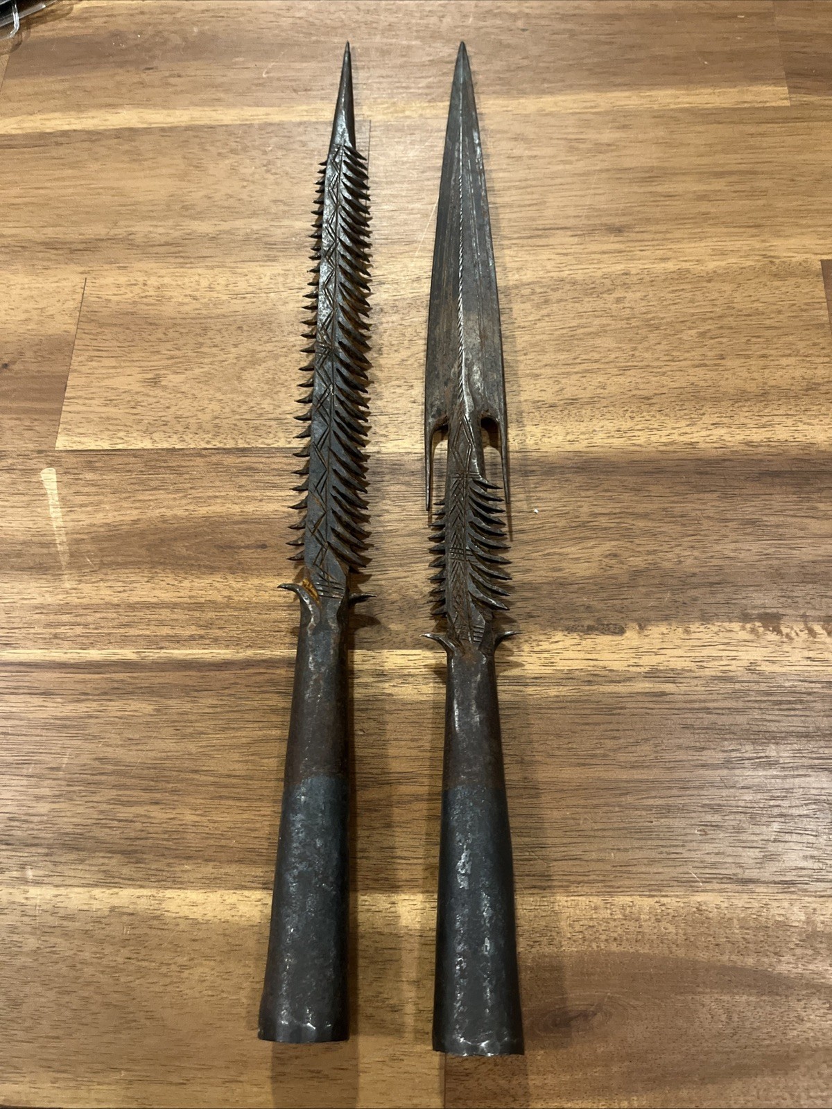ANTIQUE African Barbed Iron Spearheads. Intricate design work and SUPER sharp