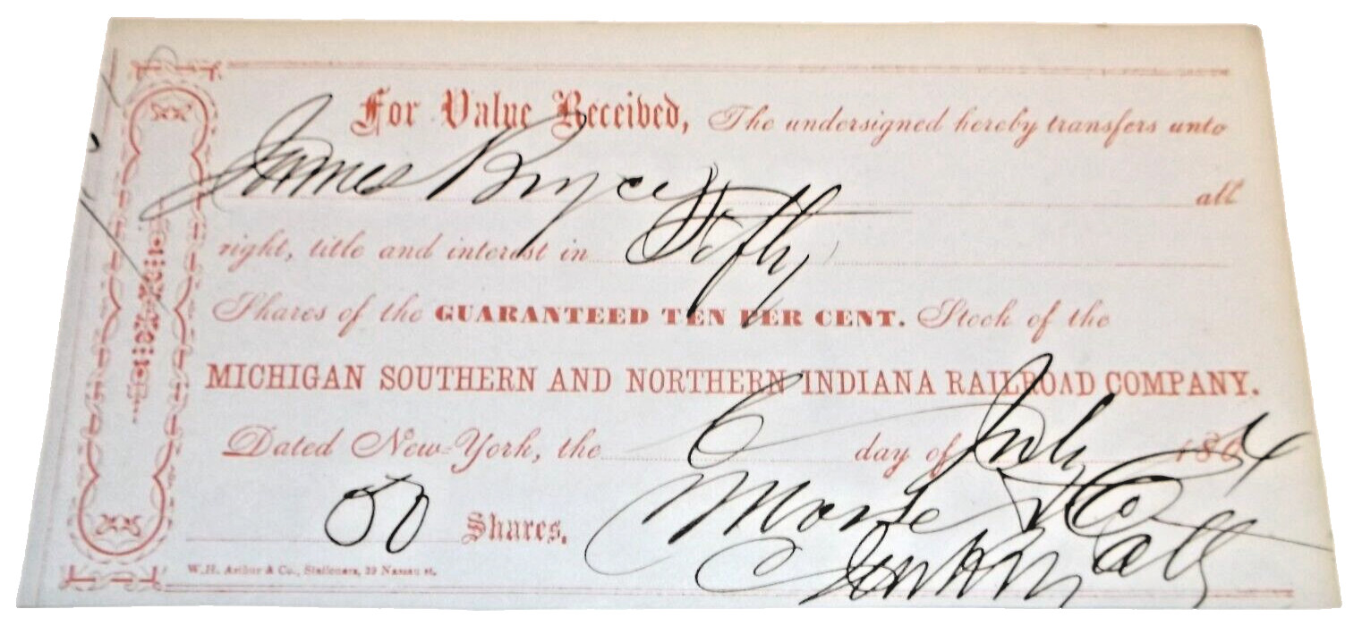 1864 MICHIGAN SOUTHERN AND NORTHERN INDIANA RAILROAD LS&MS NYC STOCK TRANSFER
