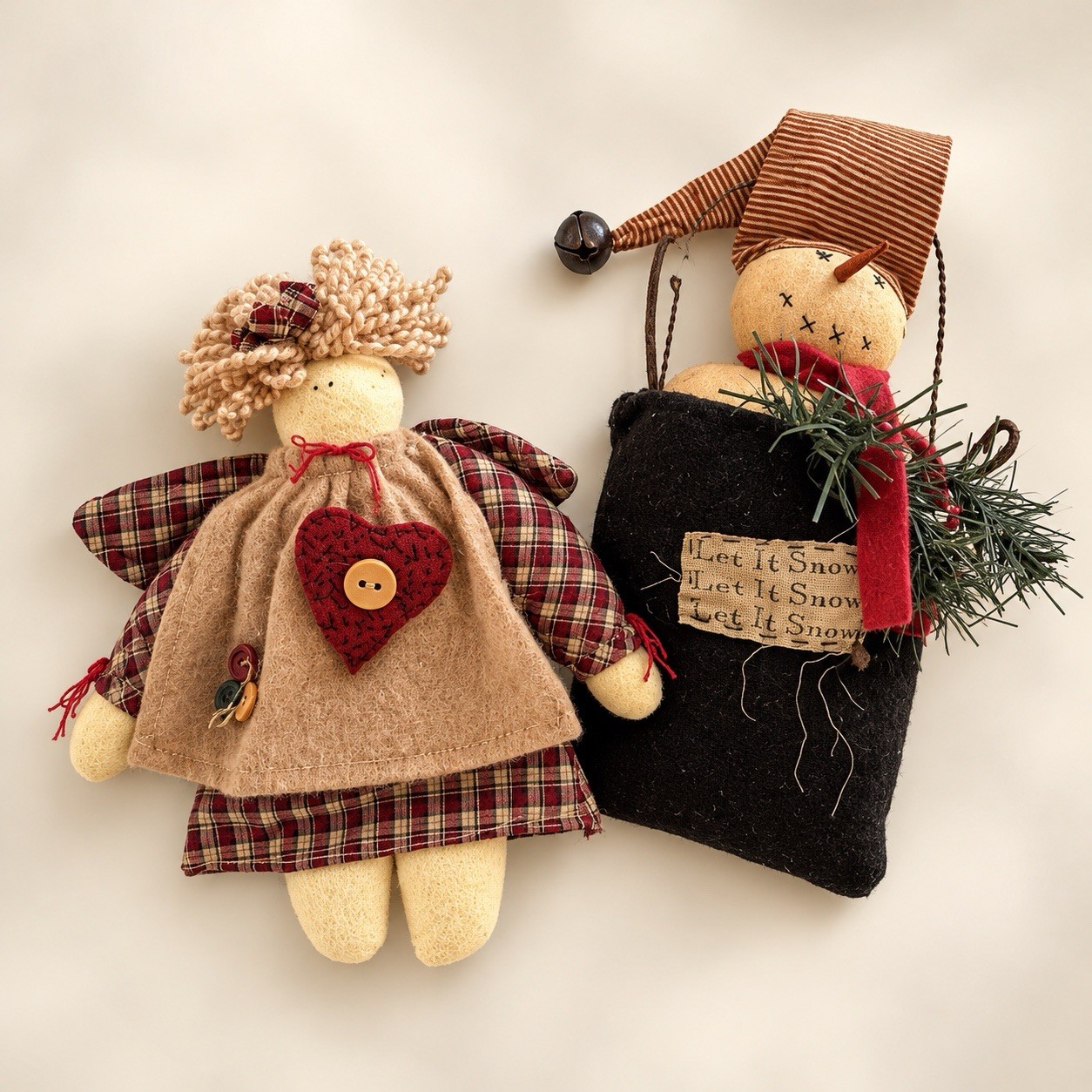 VTG Set of 2 Christmas Ornaments 8” Snowman Girl Felt Primitive Folk Art Stuffed