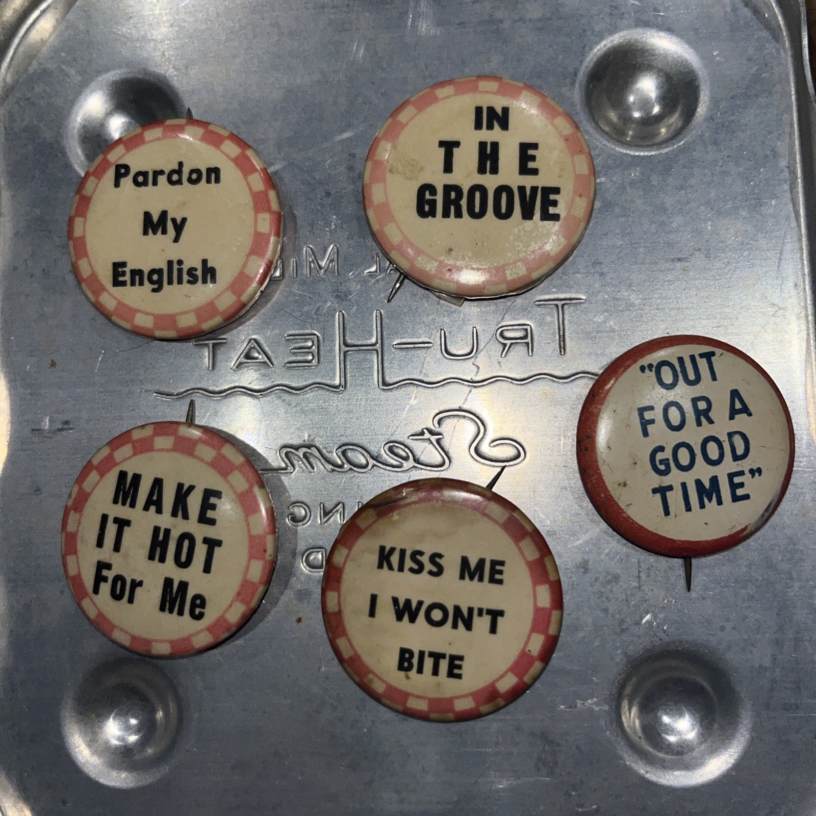 5 Vtg 1930s Pinback Buttons Risque Humor, Mixed Lot-4 Checkered, 1 Solid Border 5 Vtg 1930s Pinback Buttons Risque Humor, Mixed Lot-4 Checkered, 1 Solid Border