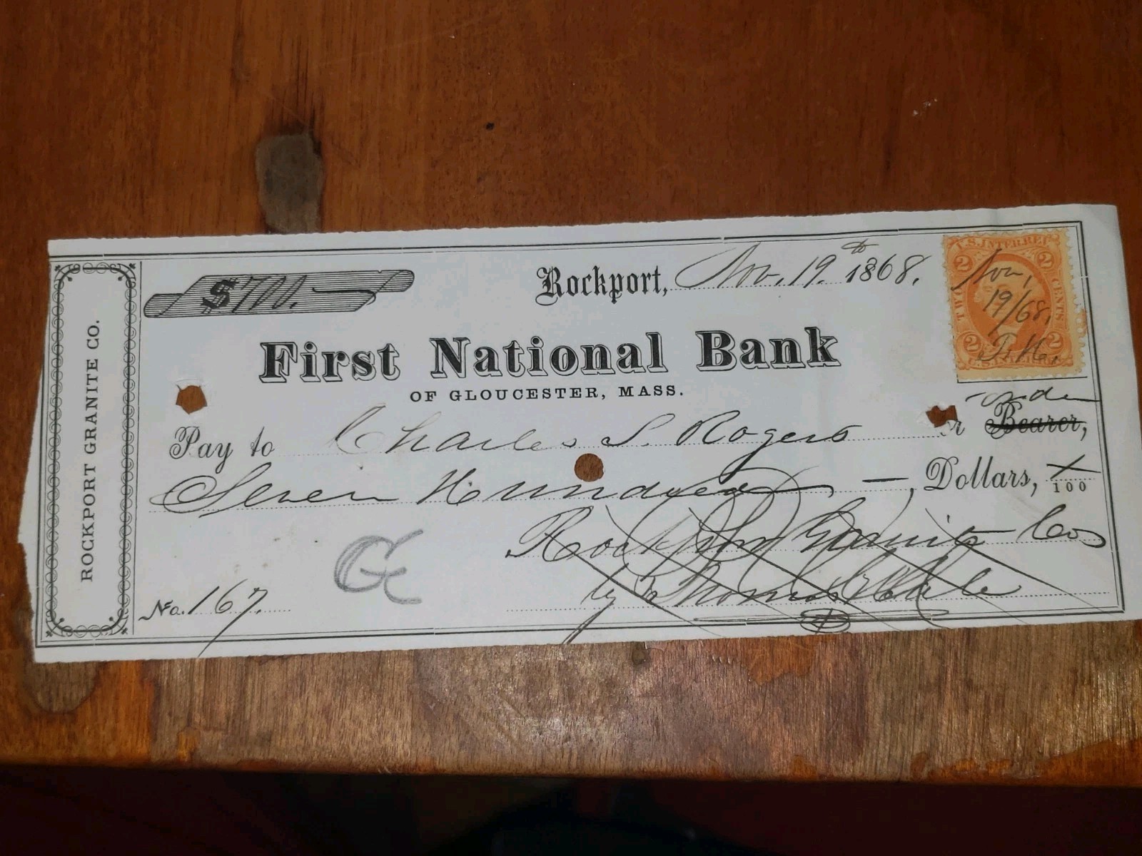 VINTAGE 1868 Rockport Granite Co Bank Check First National Bank Gloucester Mass