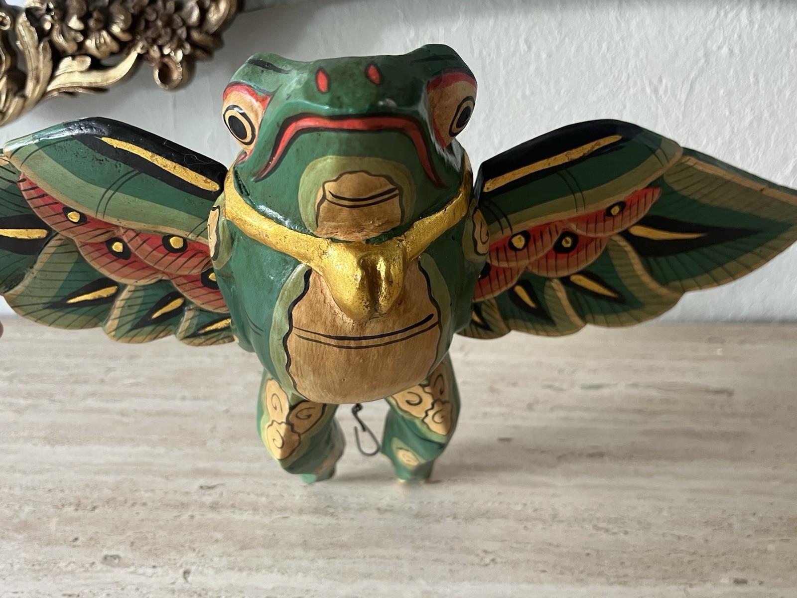 VTG Hand Carved Painted Balinese Wooden Flying Frog Folk Art Spirit Chaser