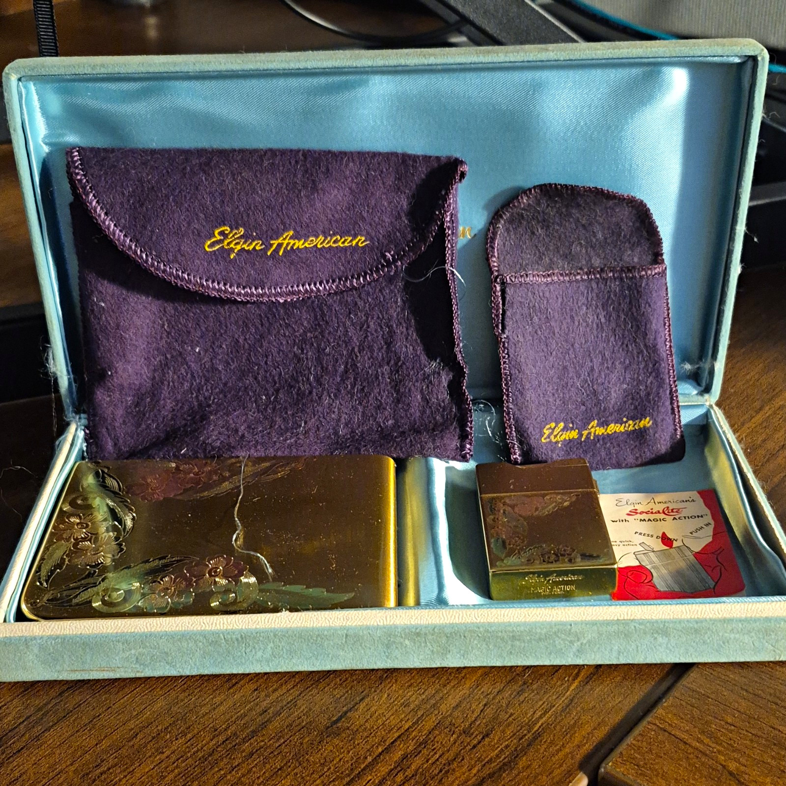 Elgin American Gold Tone Lighter Set w/ Case, Purple Pouches & Papers