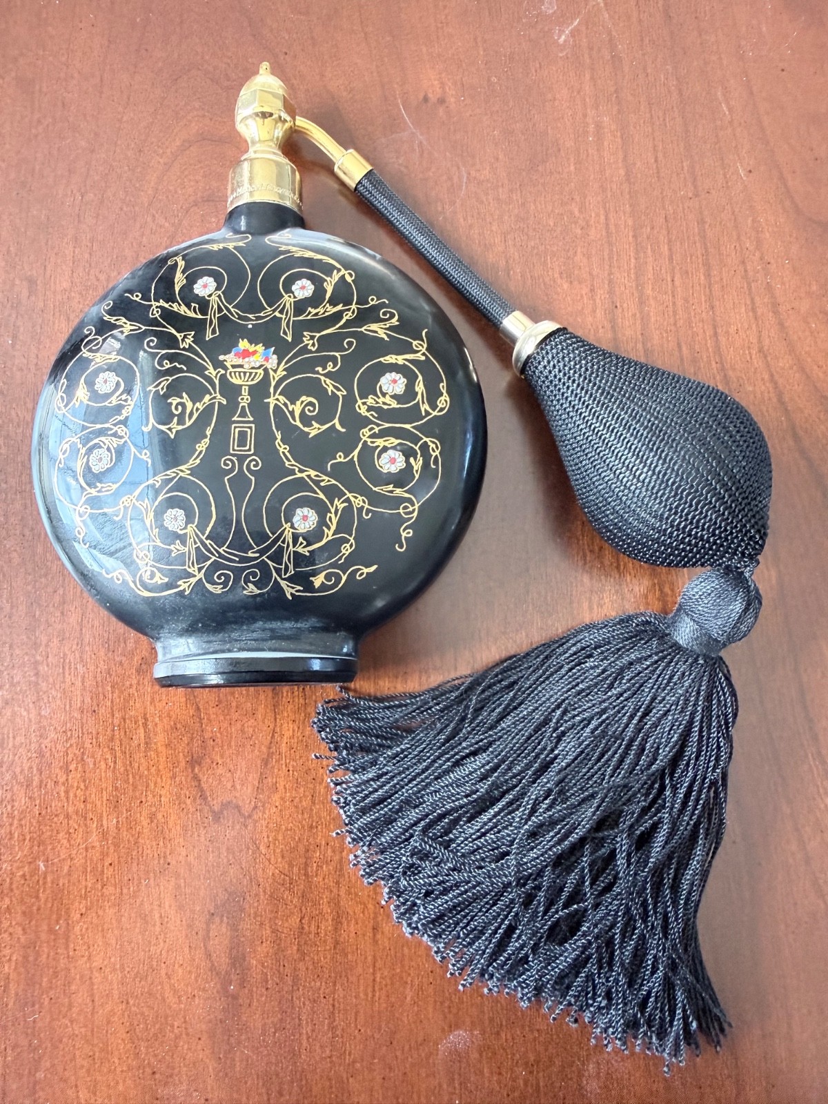 Vintage Marcel Franck Paris Black Glass Perfume Atomizer Gilt Enamel & Tassel