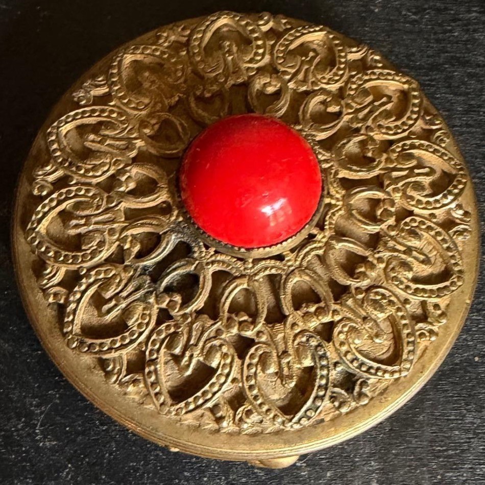 Vintage Gold Filigree Powder Compact with Red Cabochon Mirror Vanity Case