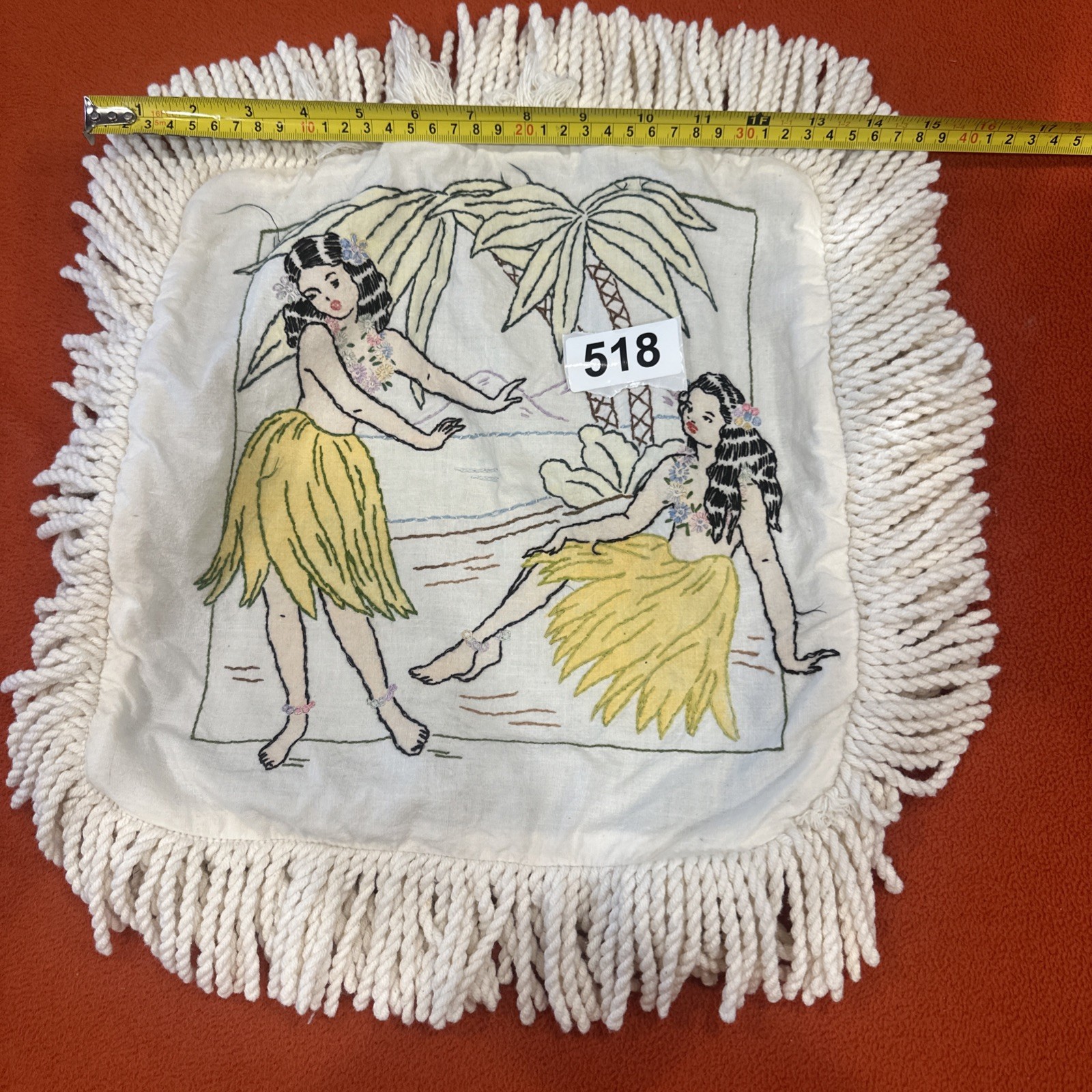 Vintage Hawaiian Hula Hand Embroidered Zippered Pillow covered 12 X 12 Plus Vintage Hawaiian Hula Hand Embroidered Zippered Pillow covered 12 X 12 Plus
