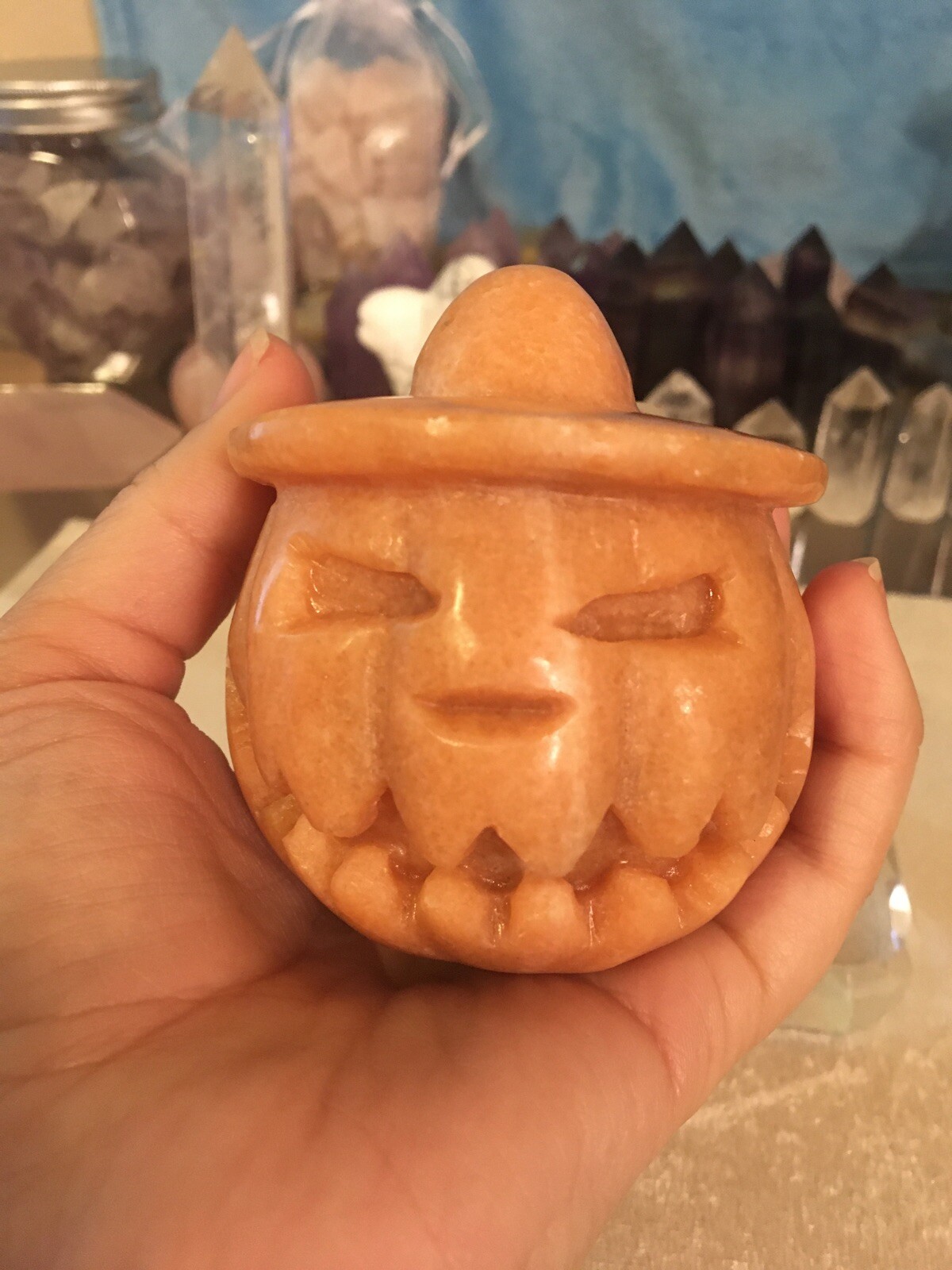 Sunstone Jack-O-Lantern Pumpkin With Witch Hat Crystal Carving 385g 2.9” x2.5” Sunstone Jack-O-Lantern Pumpkin With Witch Hat Crystal Carving 385g 2.9” x2.5”