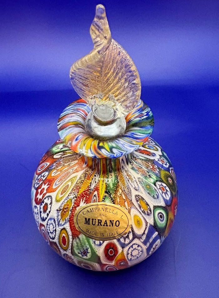 Murano Millefiori Perfume Bottle Gold Leaf Stopper Campanella Vintage Murano Millefiori Perfume Bottle Gold Leaf Stopper Campanella Vintage