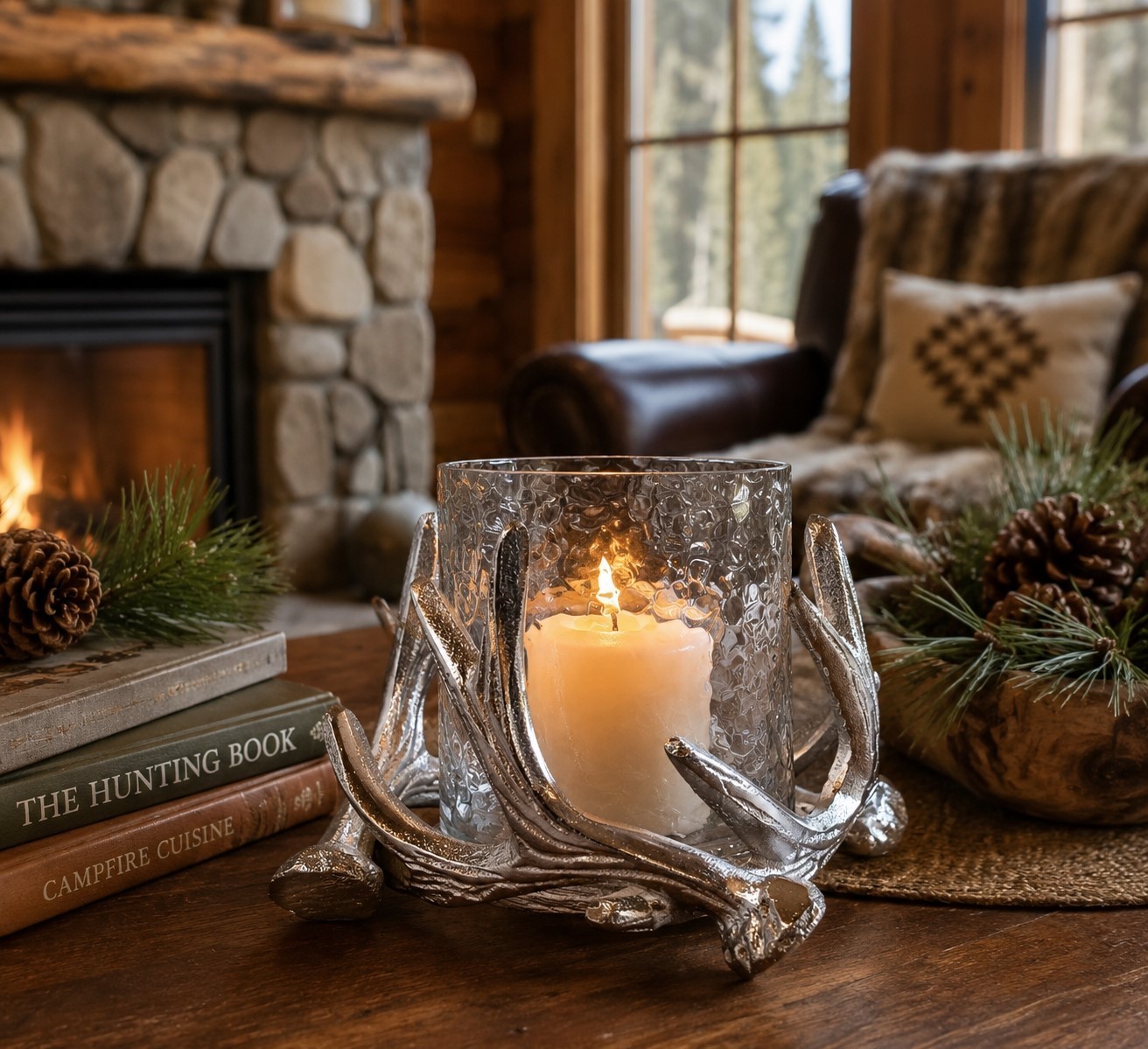 Zodax Silver Antler Hurricane Candle Holder Hammered Glass Rustic Lodge Decor Zodax Silver Antler Hurricane Candle Holder Hammered Glass Rustic Lodge Decor