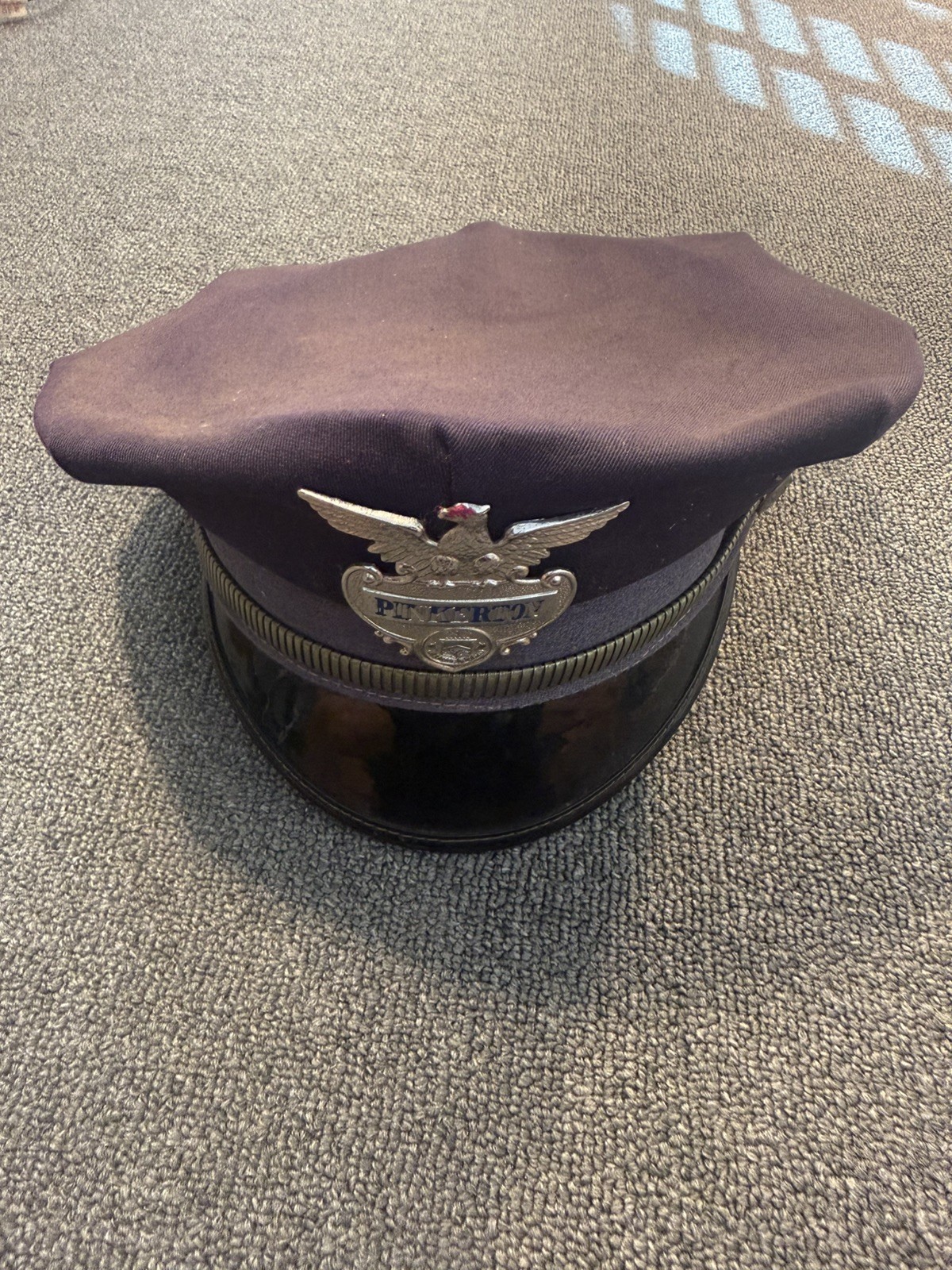 Vintage 1970s  Pinkerton\'s Security Guard Blue Visor Cap With Metal Eagle