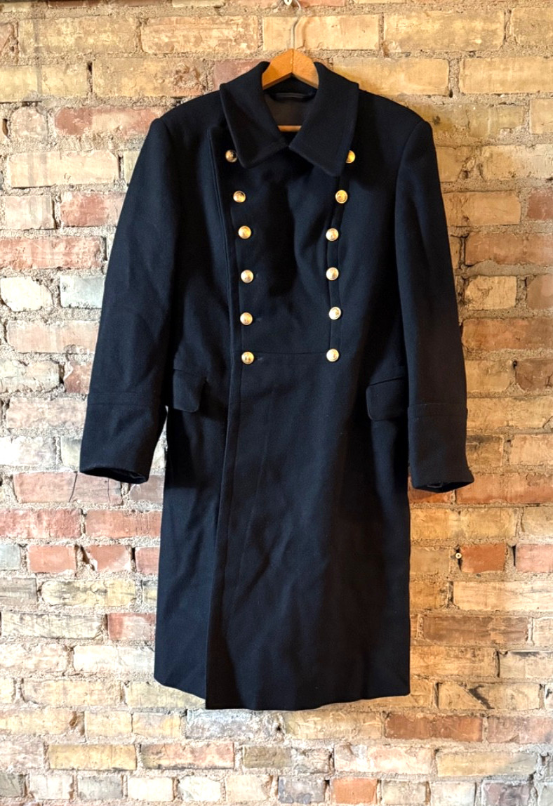 VTG USSR Soviet Union Black Wool Military Officer\'s Long Pea Coat - Size 36