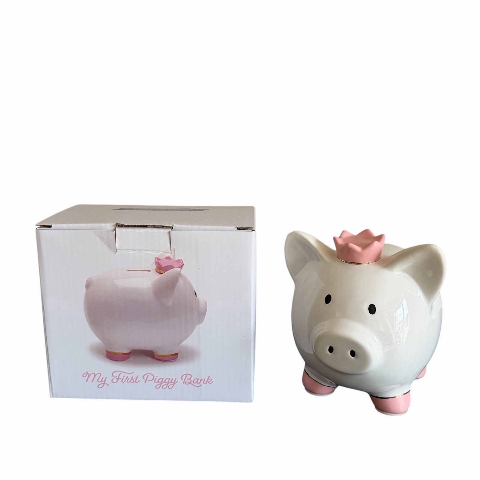 Cupcakes & Cartwheels My First Piggy Bank Ceramic Pig Pink Crown Two's Company