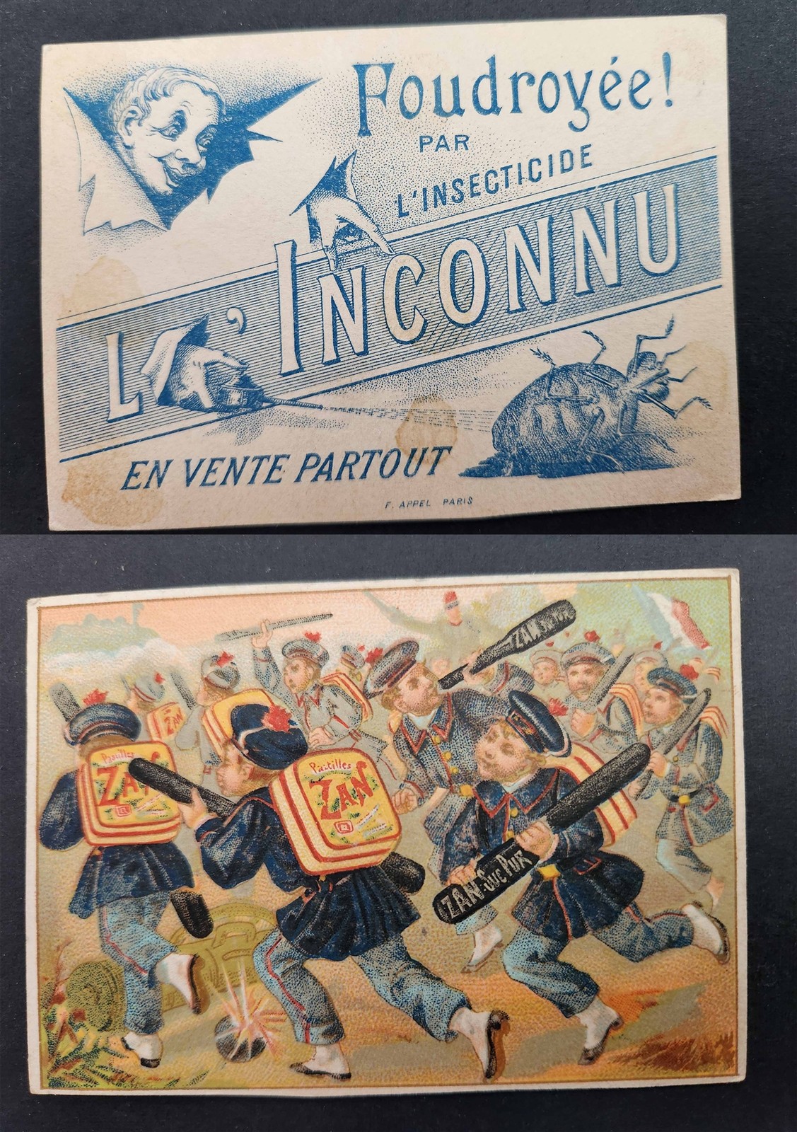 c.1890s antique FRENCH INSECTICIDE TRADE CARD L’INCONNU ADVERTISING roach kill