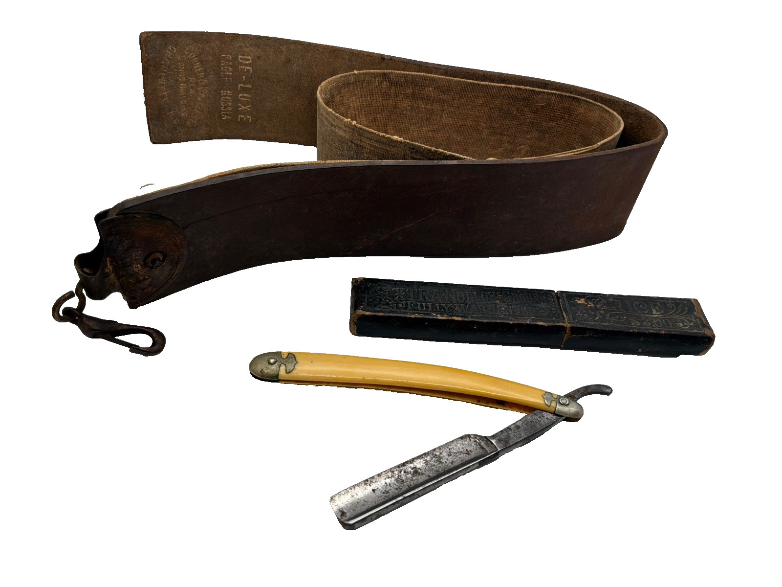 Antique W.R. Case & Sons Straight Razor Set Box Leather Strop Bradford PA