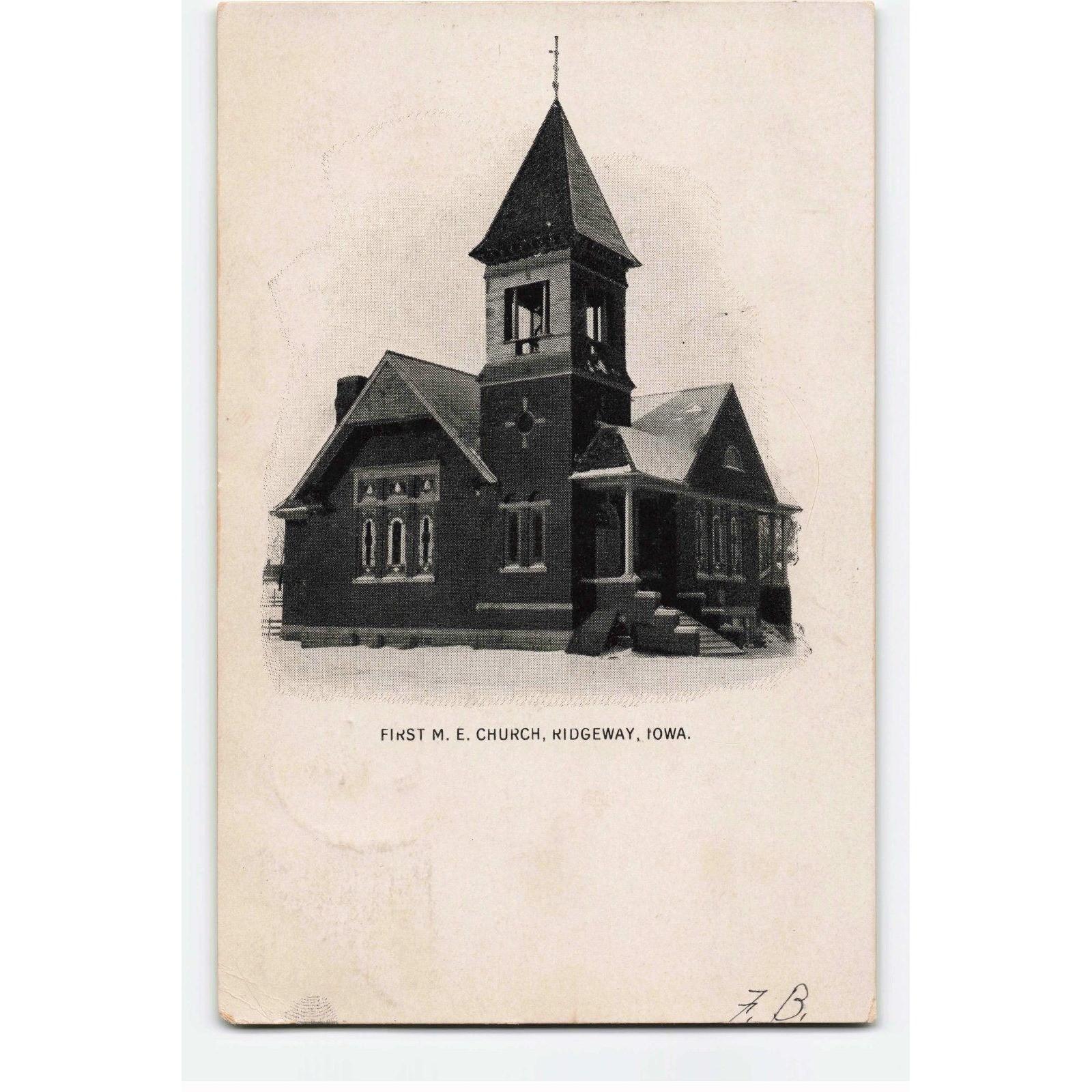 Vintage 1907 First M. E. Church Ridgeway Iowa Postcard Franklin Stamp BW