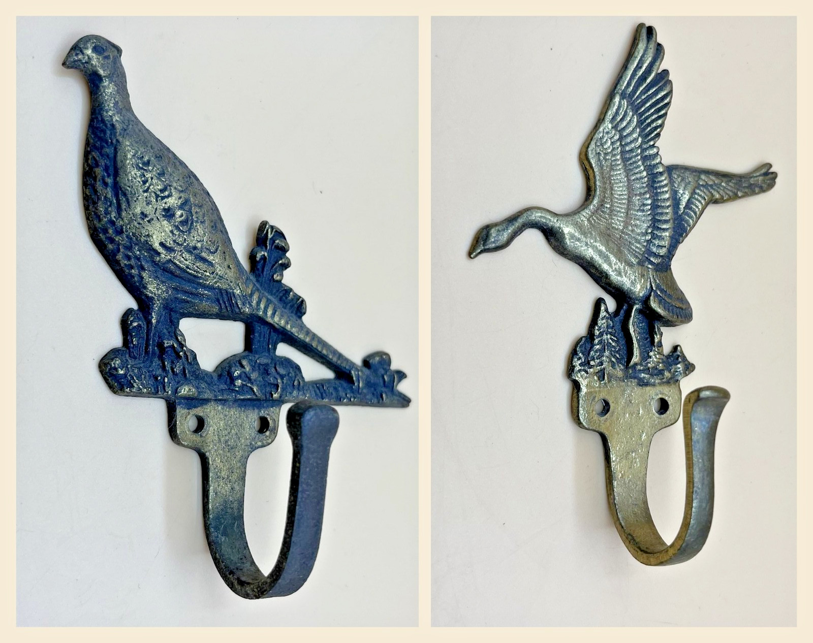 Pair Vintage Brass Bird Wall Hooks Flying Goose Pheasant Coat Hook Lodge Decor