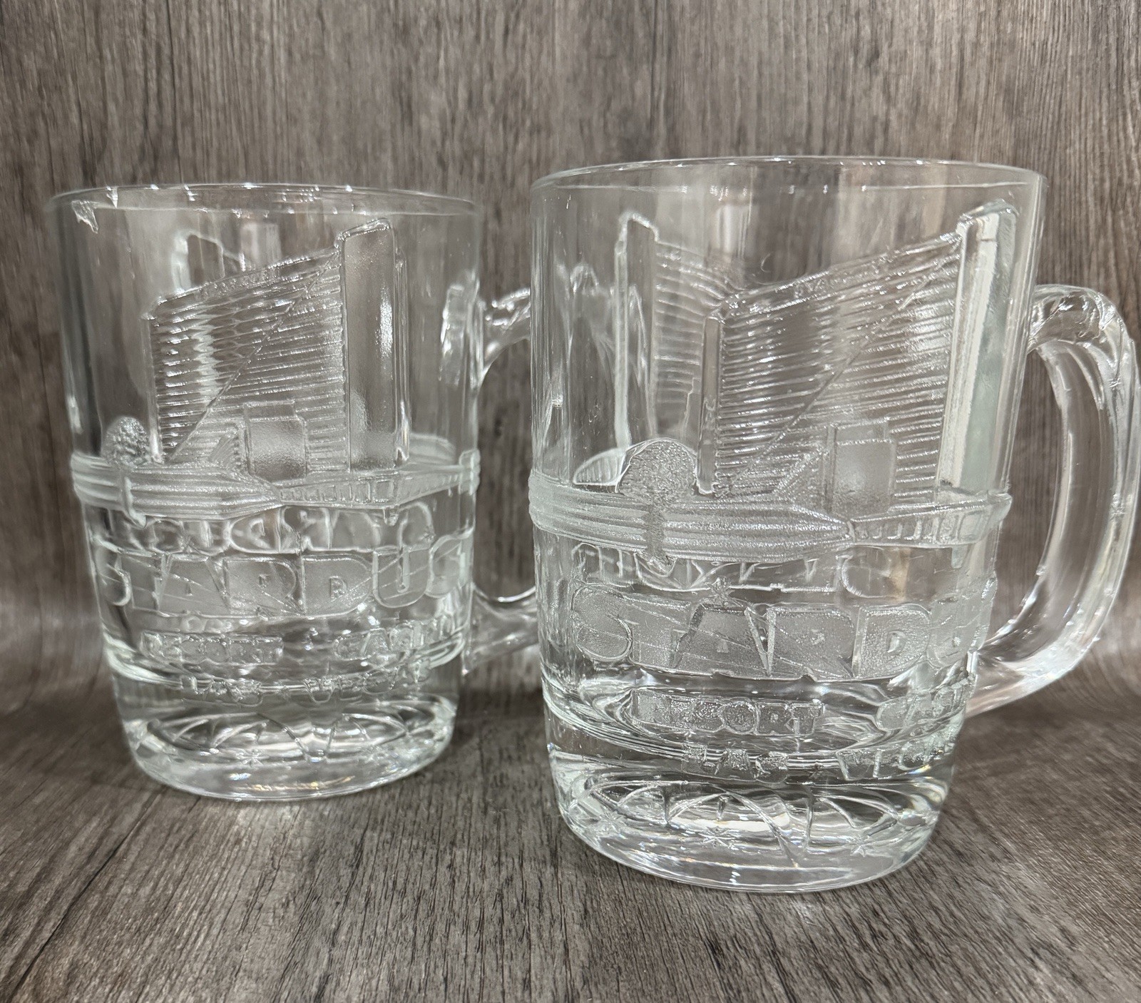 Vtg Stardust Casino Las Vegas Heavy Glass Mug Embossed Building Lot Of 2