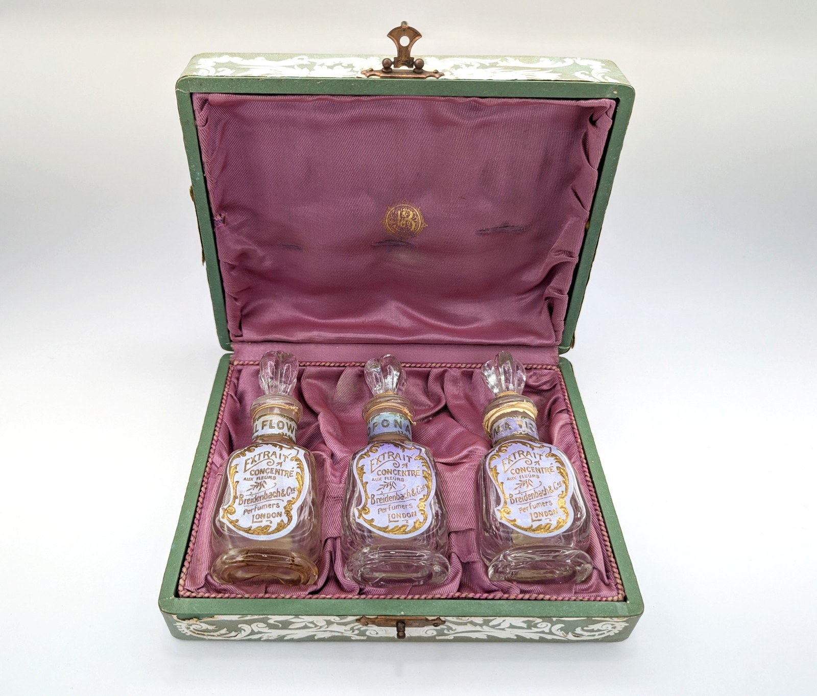 Antique Breidenbach London Glass Perfume Bottle Trio Embossed Cherub Case c1890 Antique Breidenbach London Glass Perfume Bottle Trio Embossed Cherub Case c1890