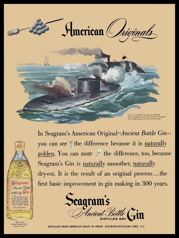 1948 Seagram\'s Gin - Civil War - Monitor & Merrimac - New Metal Sign: 12x16\