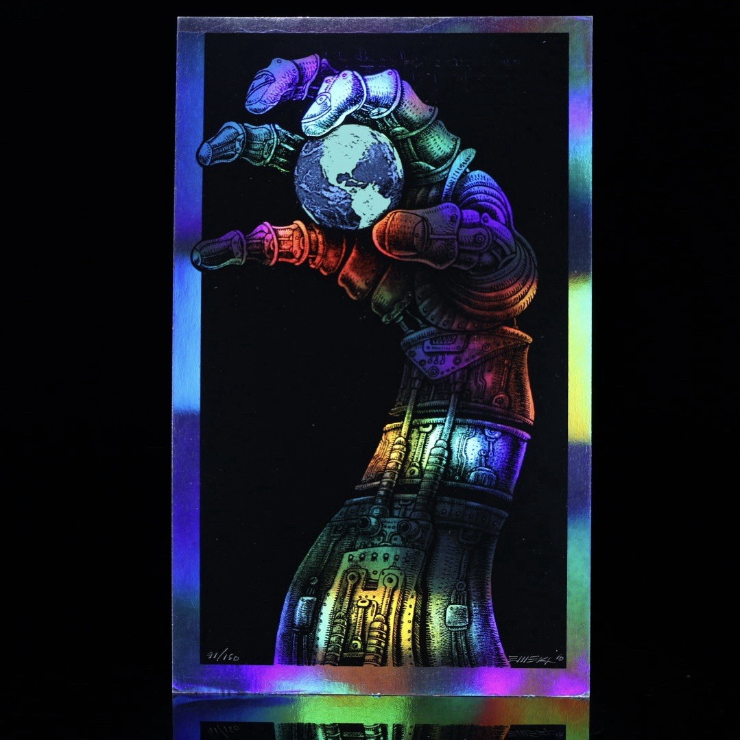 EMEK — Robotic Hand — Holographic Handbill —  Print Peace Love Music Art — 7x12