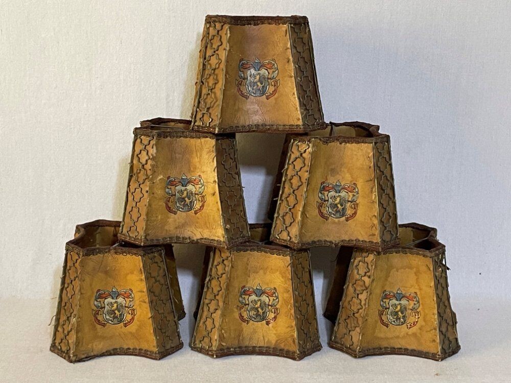 6 Antique Leather Lamp Shades 8 Panel Frame Rustic Medieval Arts Crafts