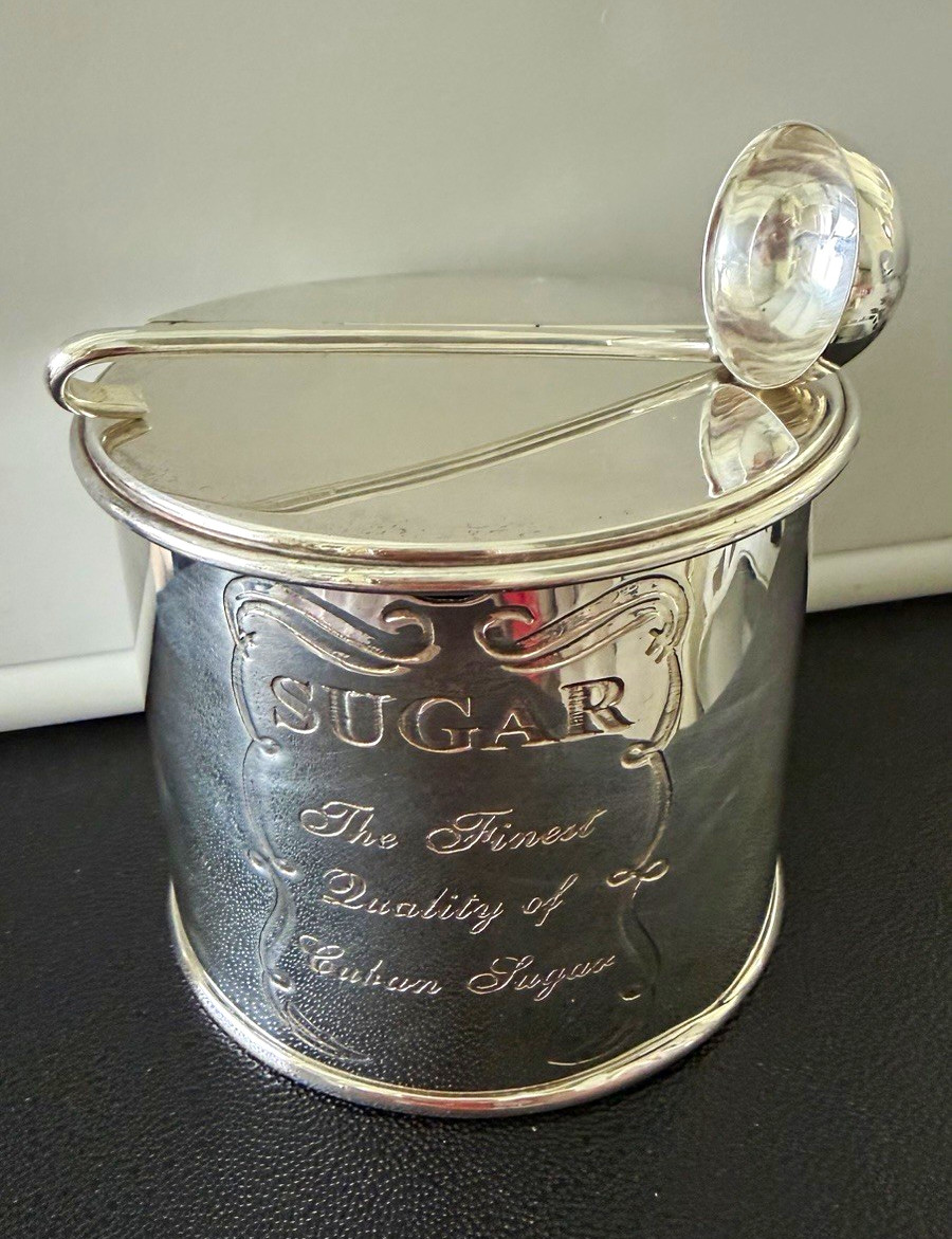 Vintage Silver Plated Cuban Sugar Canister Complete Set WITH Hooked Spoon